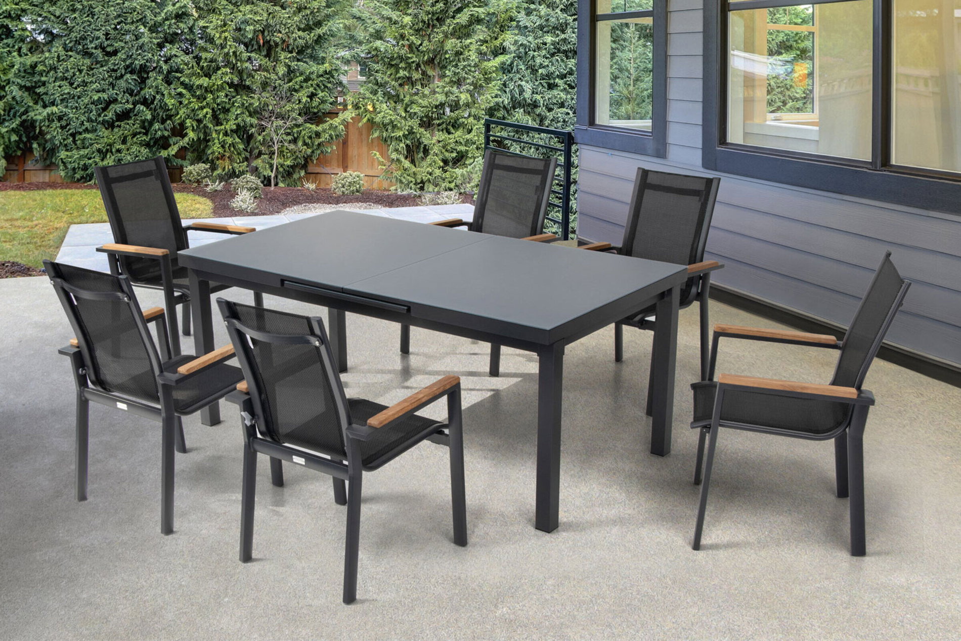 Conjunto de comedor Premium para jardín OUTFLEXX, OUTFLEXX® antracita mate, Alu / Vidrio / Teca, Mesa 180/240x100cm, 6 sillones apilables 22207__1