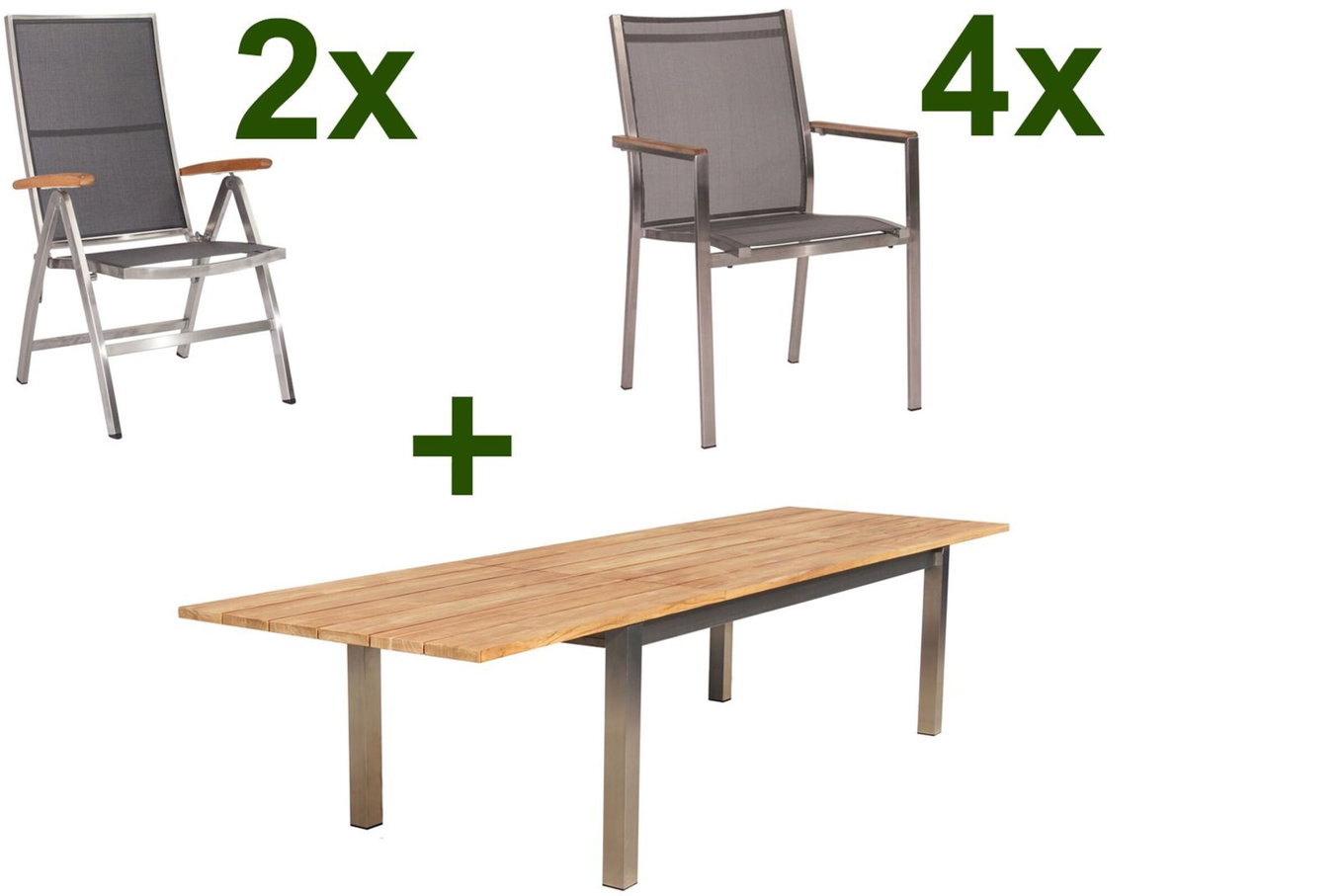 STERN Cardiff Conjunto de comedor para jardín, plata/gris plata, acero inoxidable/teca, mesa 220/340 x 100 cm, 4 sillas apilables, 2 sillas plegables, producto certificado FSC® 19746__1