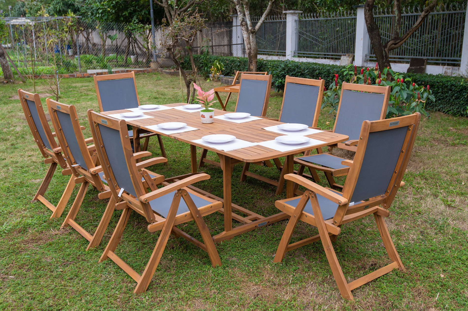 OUTFLEXX Conjunto de comedor de jardín, natural/gris, Acacia/Textilene, Mesa extensible 150/200 x 90 cm, 8 sillas plegables 5 posiciones, Producto certificado FSC® 22810__1