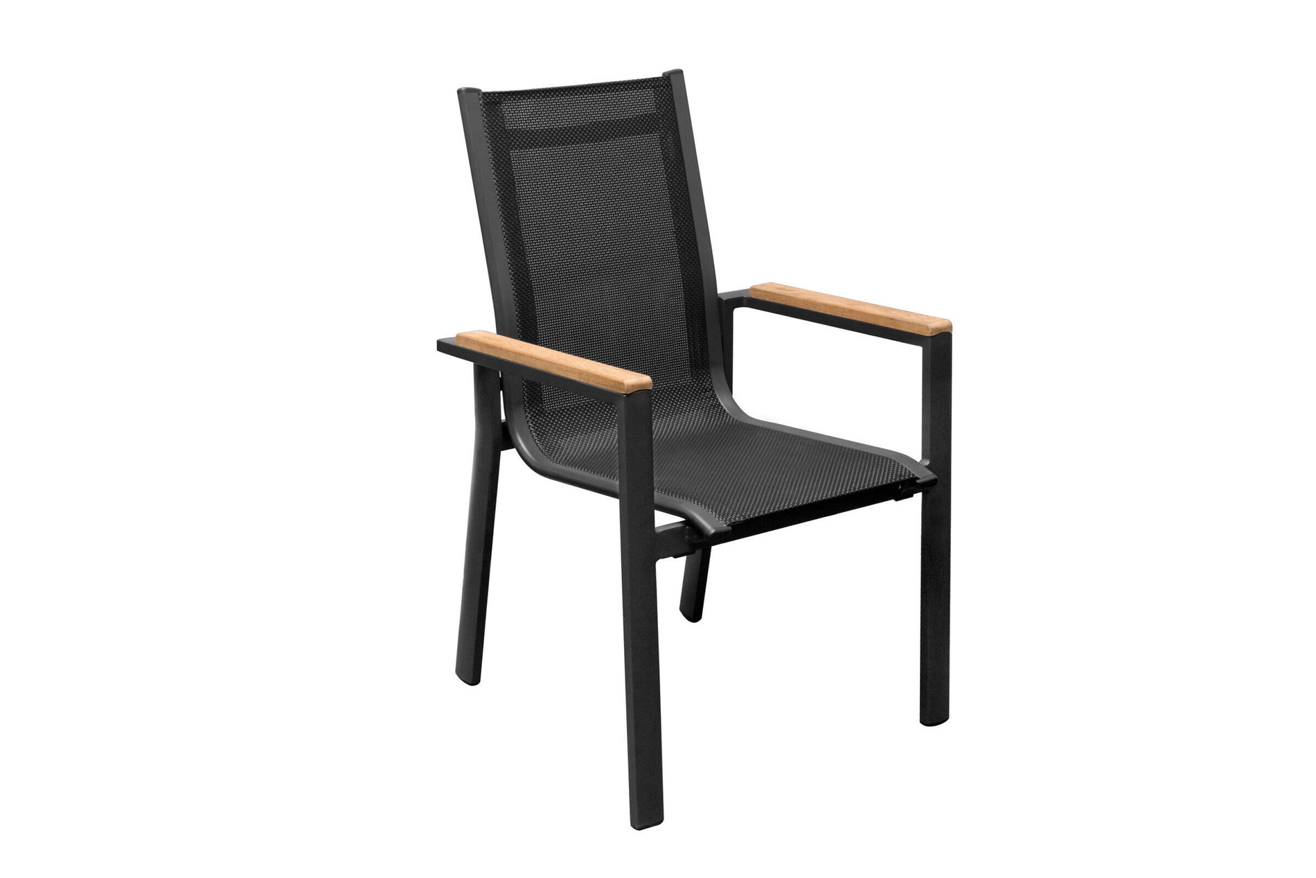 OUTFLEXX Silla apilable, antracita mate, aluminio/textileno, reposabrazos de teca, recubierta de polvo