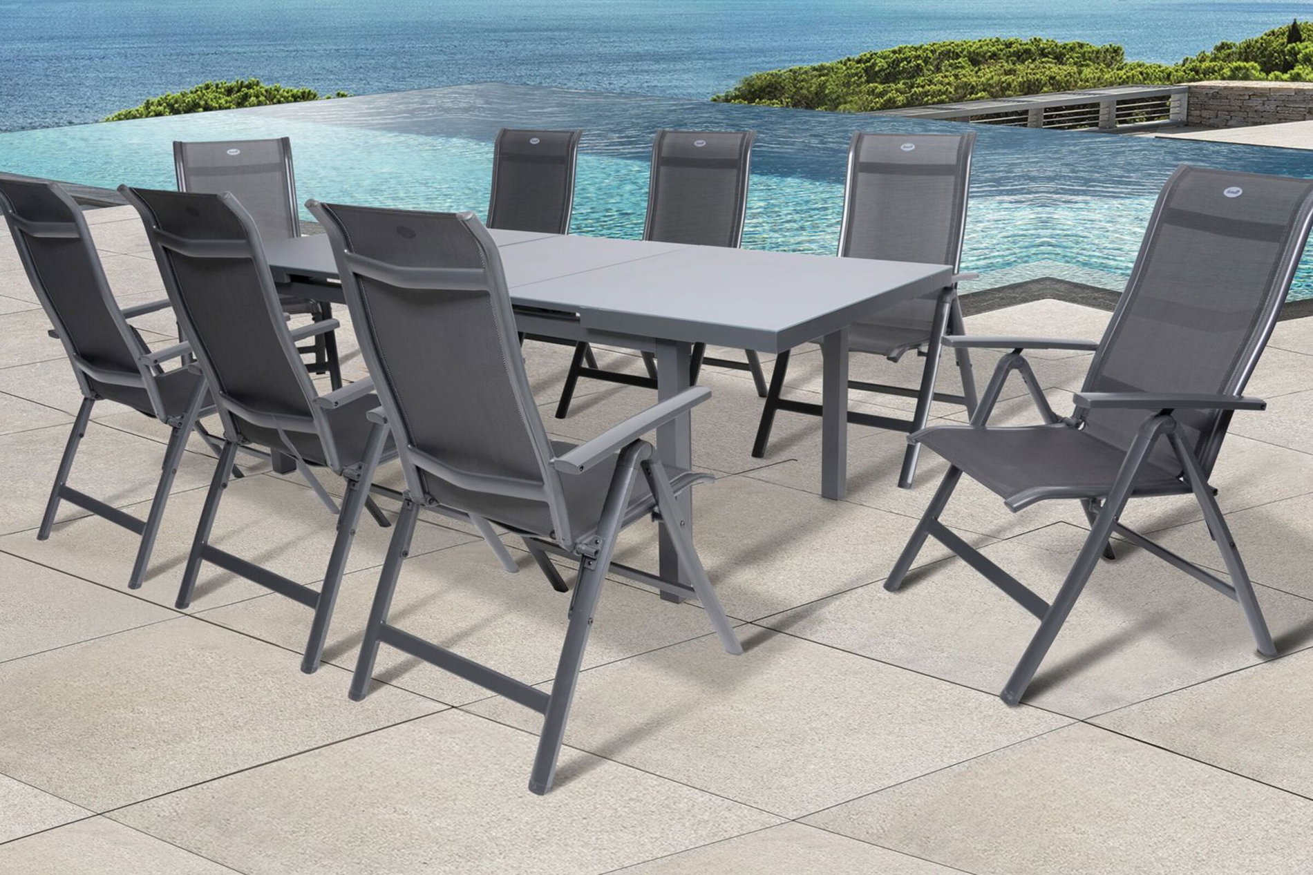 HARTMAN Alice Comfort Conjunto de comedor de jardín, xerix, Alu/Textilene, Mesa 180/240x100cm, 8 sillas plegables 19332__1