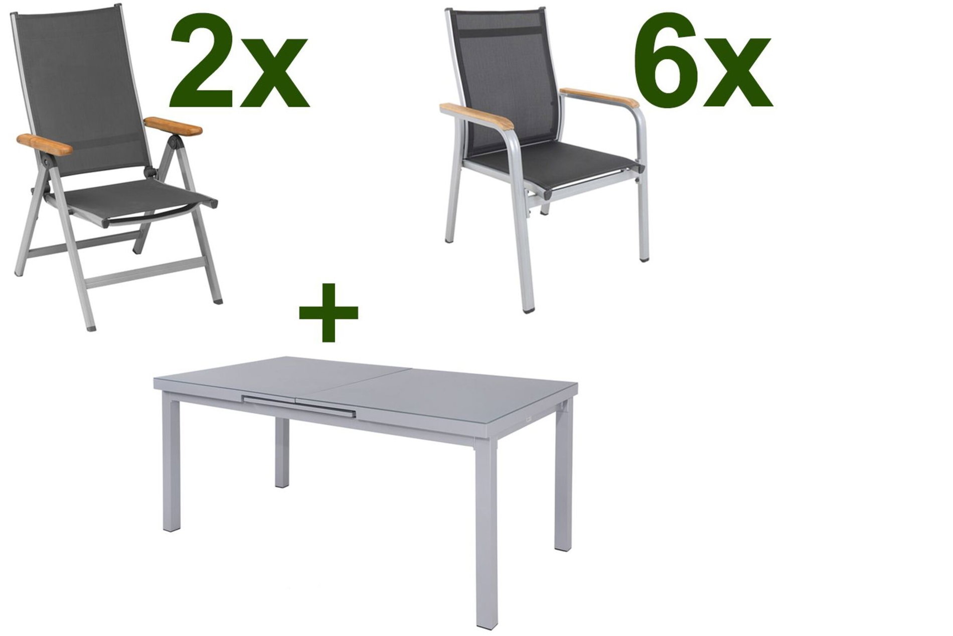 KETTLER Granada Conjunto de Comedor de Jardín, plateado, Alu/Textilene, Mesa 180/240x100cm, 6 sillones apilables, 2 sillas plegables 19324__1