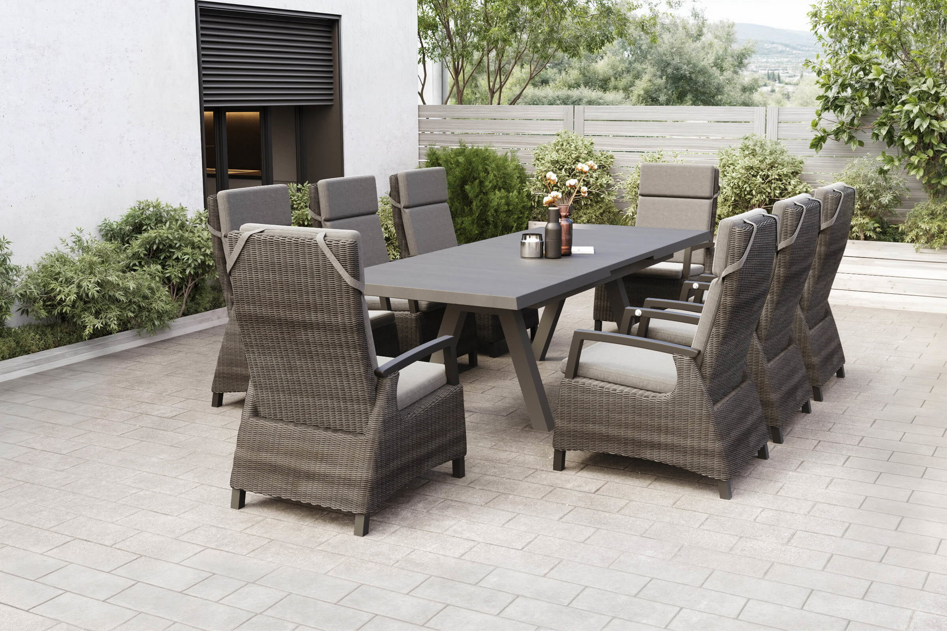 SIENA GARDEN Tirana/Corido Conjunto comedor jardín, antracita, aluminio/cerámica/polirratán, mesa extensible, 8 sillones regulables