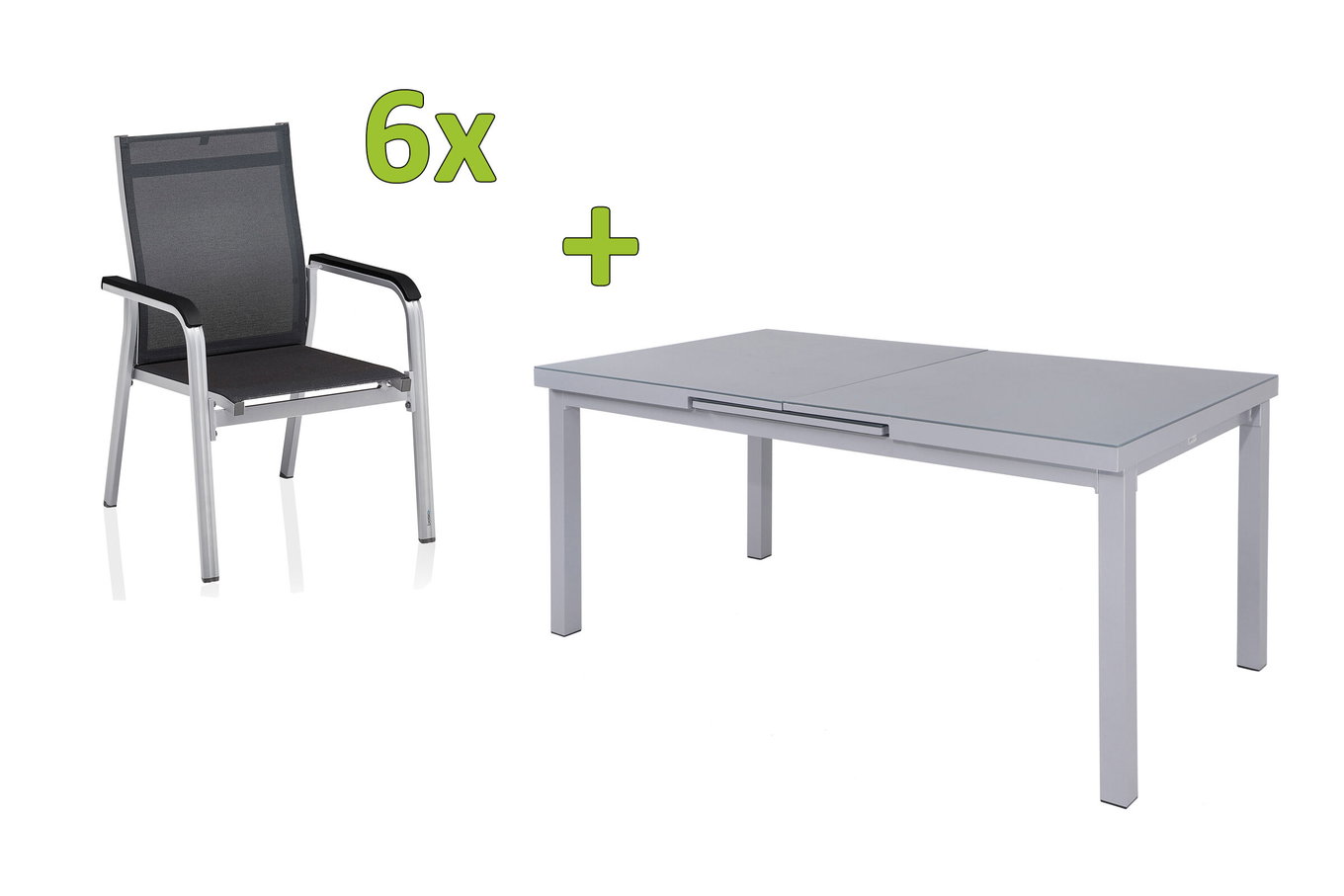 KETTLER BasicPlus Premium Conjunto de comedor de jardín, plata, Alu/Textilene, mesa 180/240 cm, 6 sillas apilables 31514__1