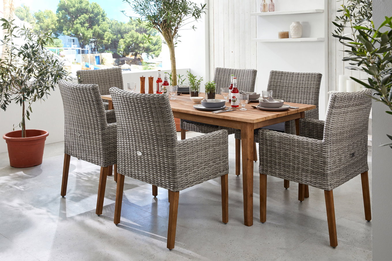 Ploß Borneo/Kota Conjunto de comedor de jardín, natural/gris jaspeado, Acacia/Alu/Polirratán, 180x90cm, 6 sillones estilo casa de campo, Producto certificado FSC® 28603__1