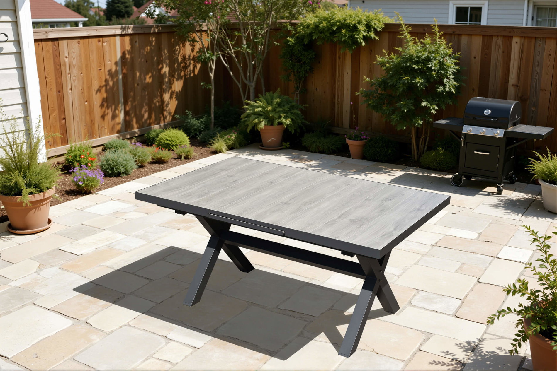 OUTFLEXX Louvra Mesa extensible, antracita/efecto madera, Alu/Cerámica, 160/210x100,5cm, Tablero de la mesa de baldosas cerámicas