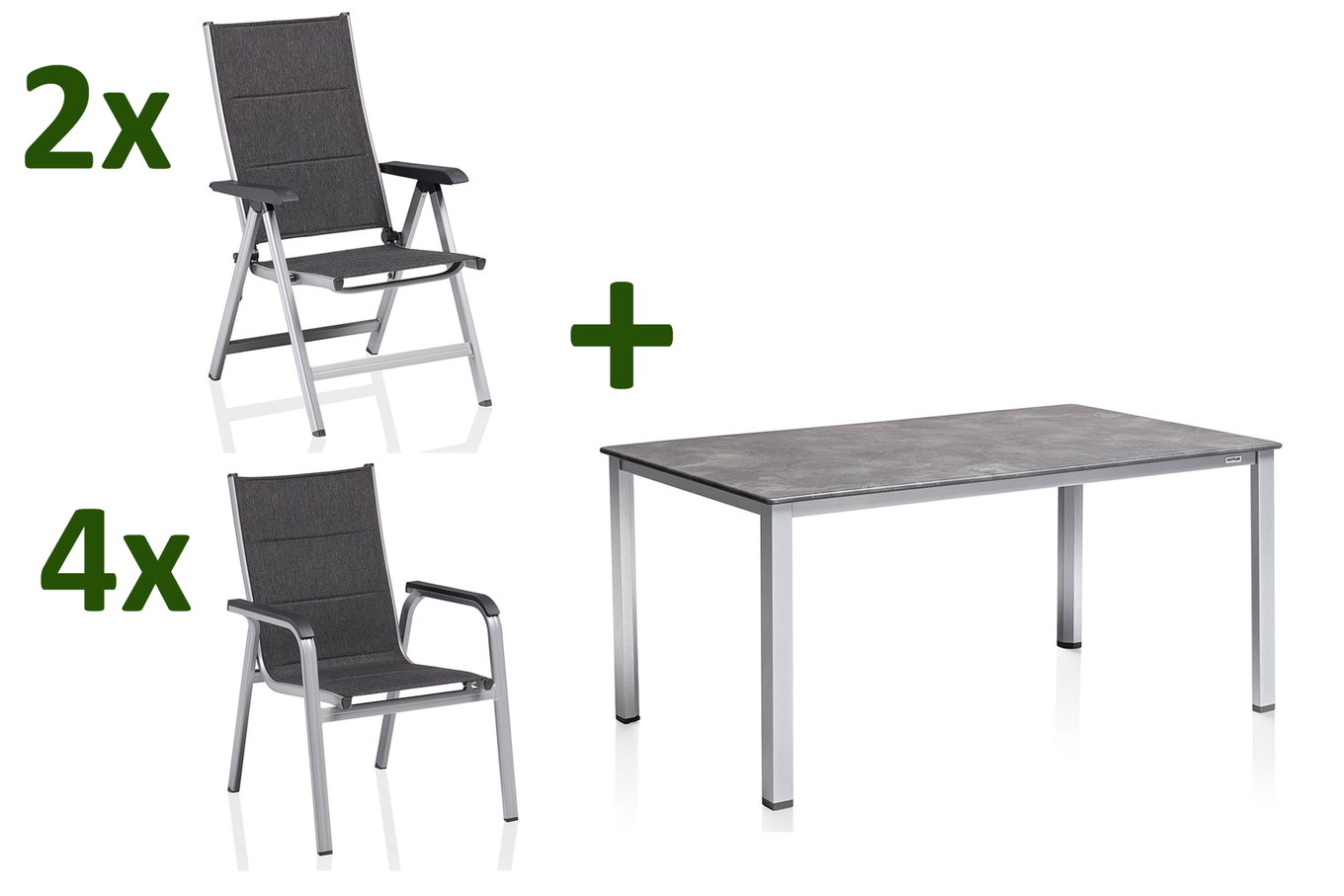 KETTLER Cubic/ Basic Plus Padded Conjunto de comedor de jardín, plata/antracita, Alu/Textilene, Mesa 160x90 cm, 4 Sillas apilables, 2 Sillas plegables, acolchado 28703__1