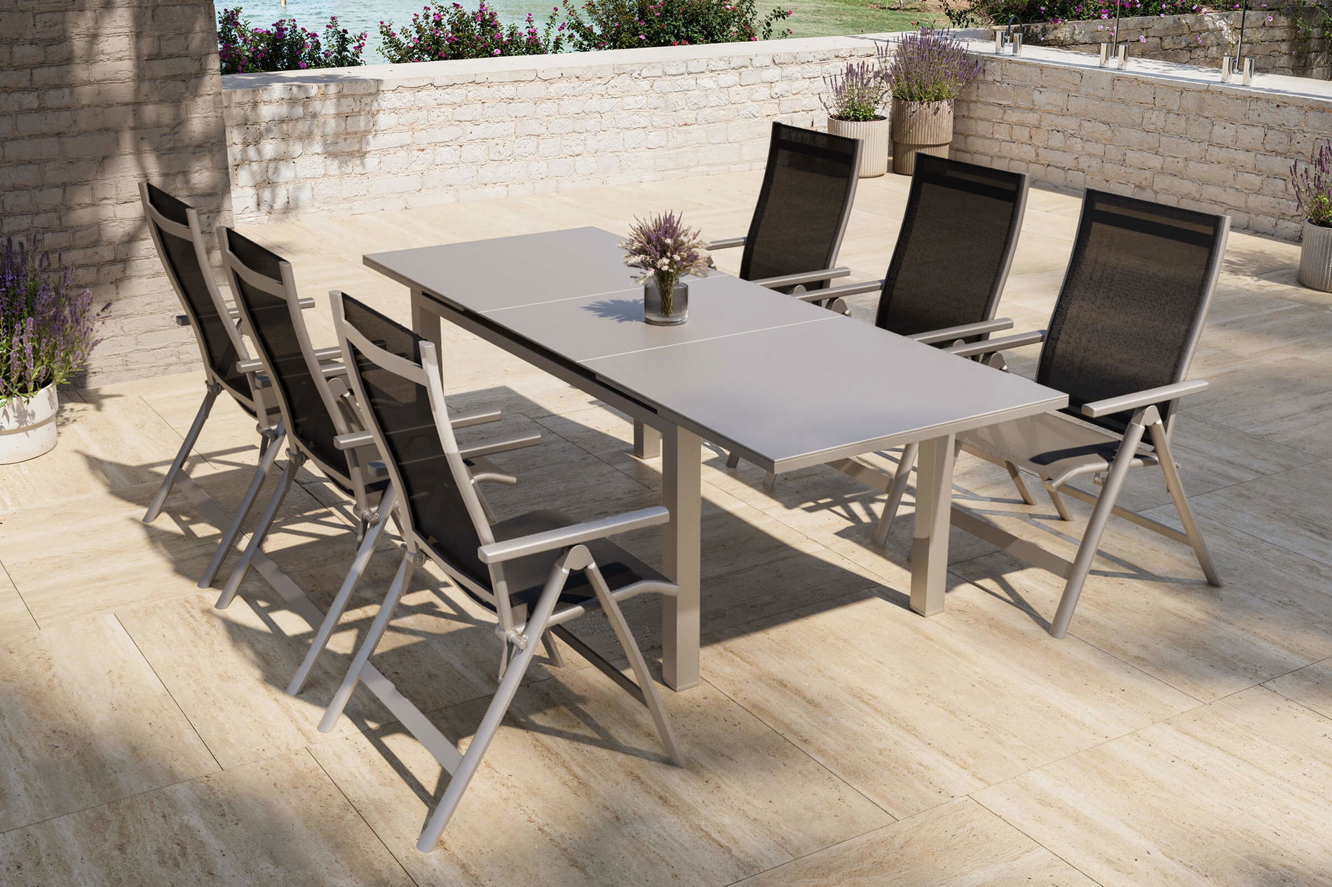 Conjunto de comedor de jardín Premium OUTFLEXX, plata/antracita, Alu/Textilene, Mesa extensible 180/240 x 100 cm, 6 Sillas plegables