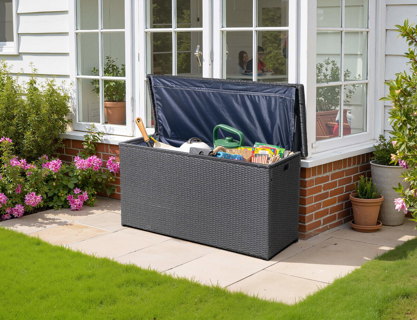 OUTFLEXX Rocking Caja para cojines, gris/marrón jaspeado, polirratán, 145x58x73 cm, incl. inlay 18219__1