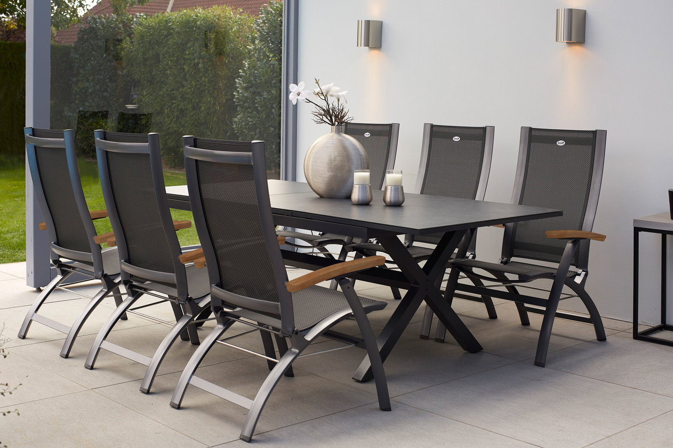 HARTMAN Xanadu / Primo Conjunto de comedor para jardín, xerix, Alu/Textilene/Vitrocerámica, 6 sillas plegables, 160/220x100cm, función extensible 23170__1