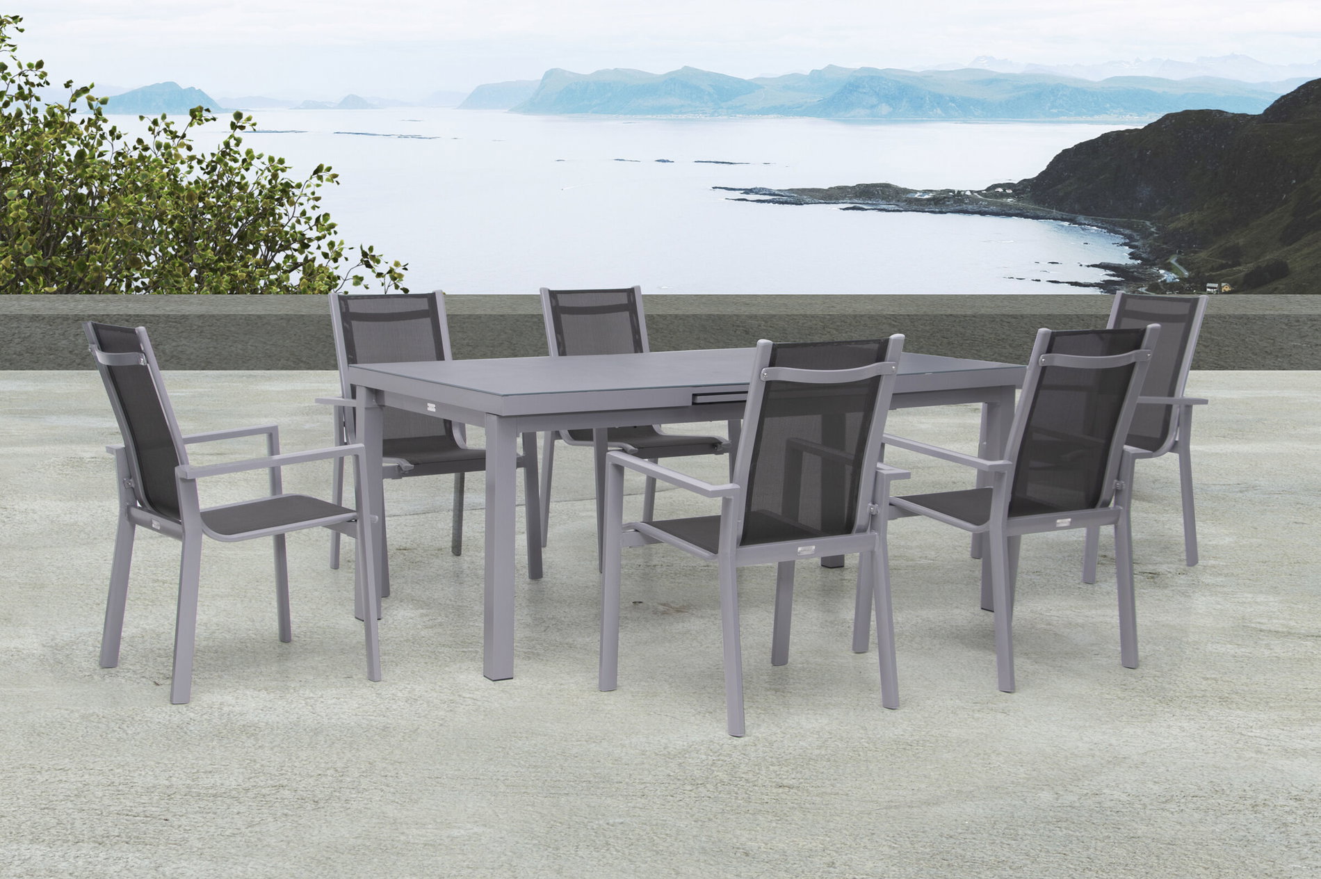 Conjunto de comedor de jardín Premium OUTFLEXX, plata/gris, aluminio/textilene, mesa extensible 180/240 x 100 cm, 6 sillas apilables 21433__1