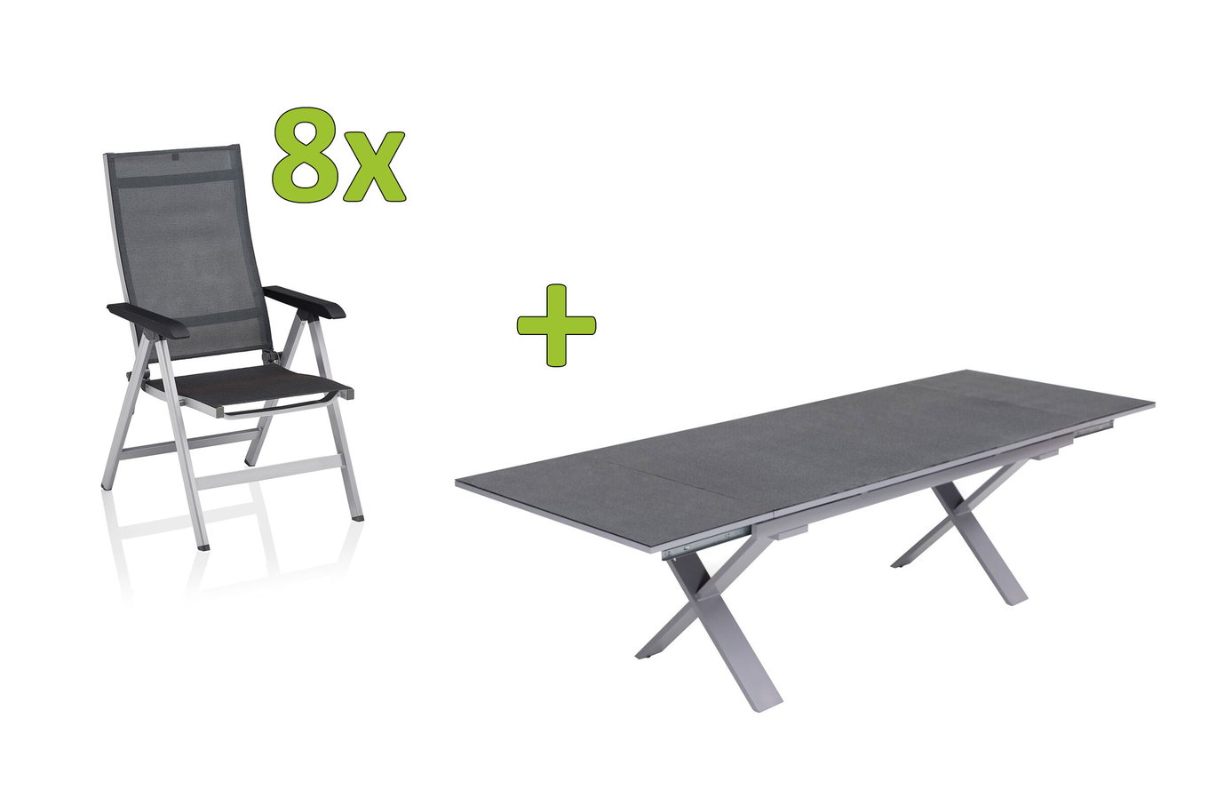KETTLER BasicPlus Premium Conjunto de comedor de jardín, plata, Aluminio/Textilene, Mesa 180/280 cm, 8 Sillas plegables 31525__1