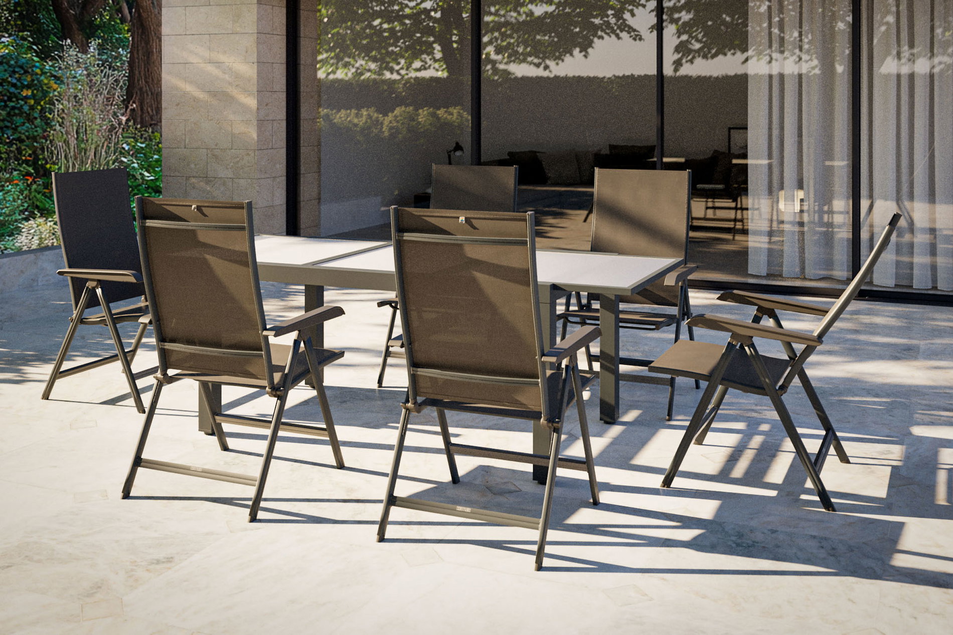 KETTLER Conjunto de comedor de jardín con 6 sillas, antracita/blanco, aluminio/Textilene, extensible y plegable, robusto y resistente a la intemperie