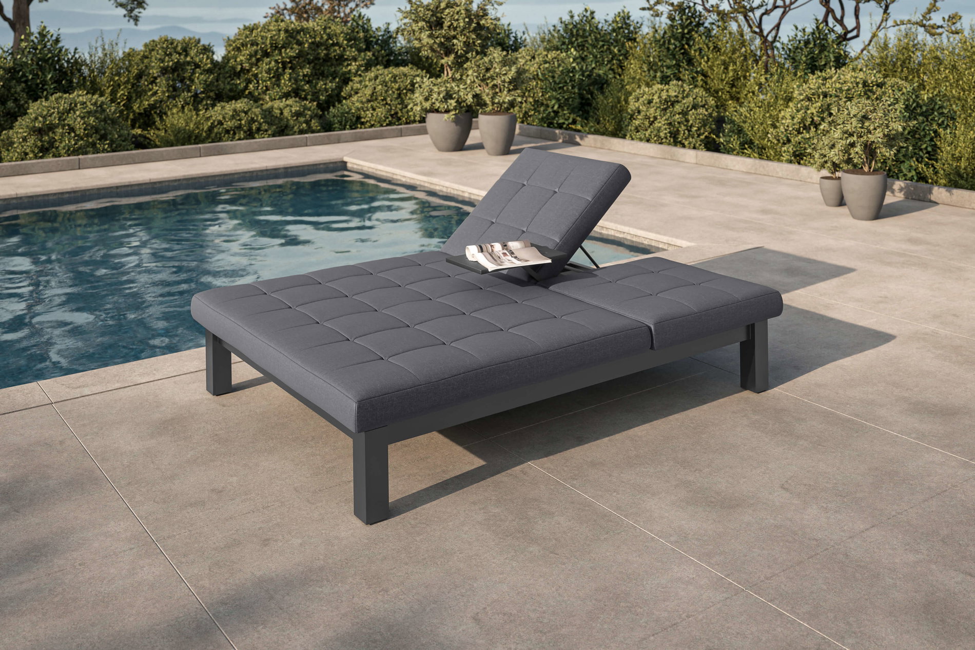 Tumbona doble de jardín OUTFLEXX, gris oscuro, aluminio/poliéster, 200 x 160 cm, incl. mesa central, resistente a la intemperie