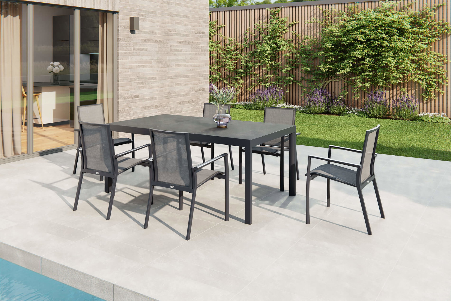 SIENA GARDEN Carlos/Velia Conjunto de comedor de jardín, antracita/gris, Alu/Tejido Ranotex®/Cerámica, Mesa de comedor 180 x 100cm, incl. 6 sillones Dining 23773__1