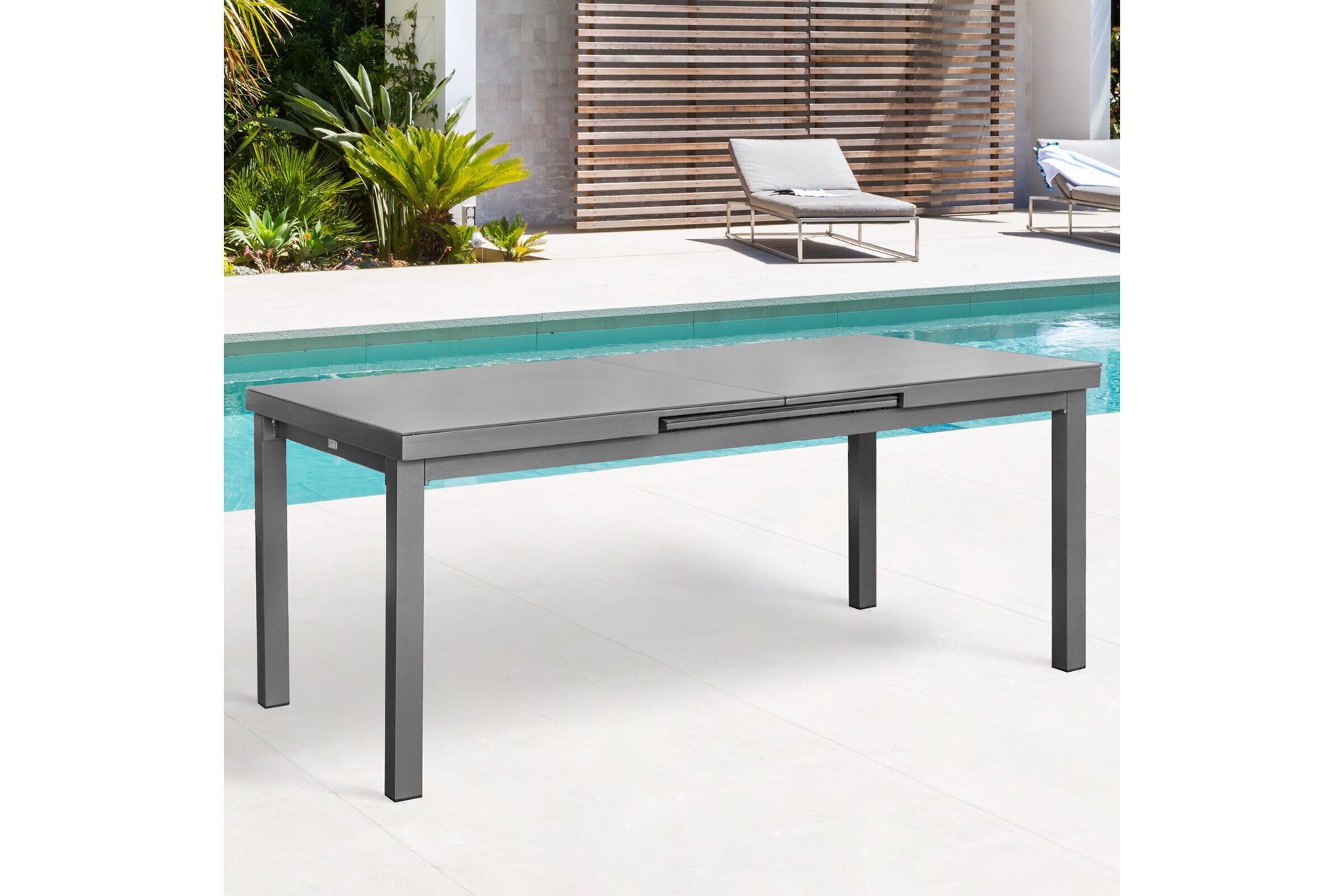 Mesa extensible Premium OUTFLEXX, grafito, aluminio/vidrio, 180/240x100cm, mecanismo de extensión automático