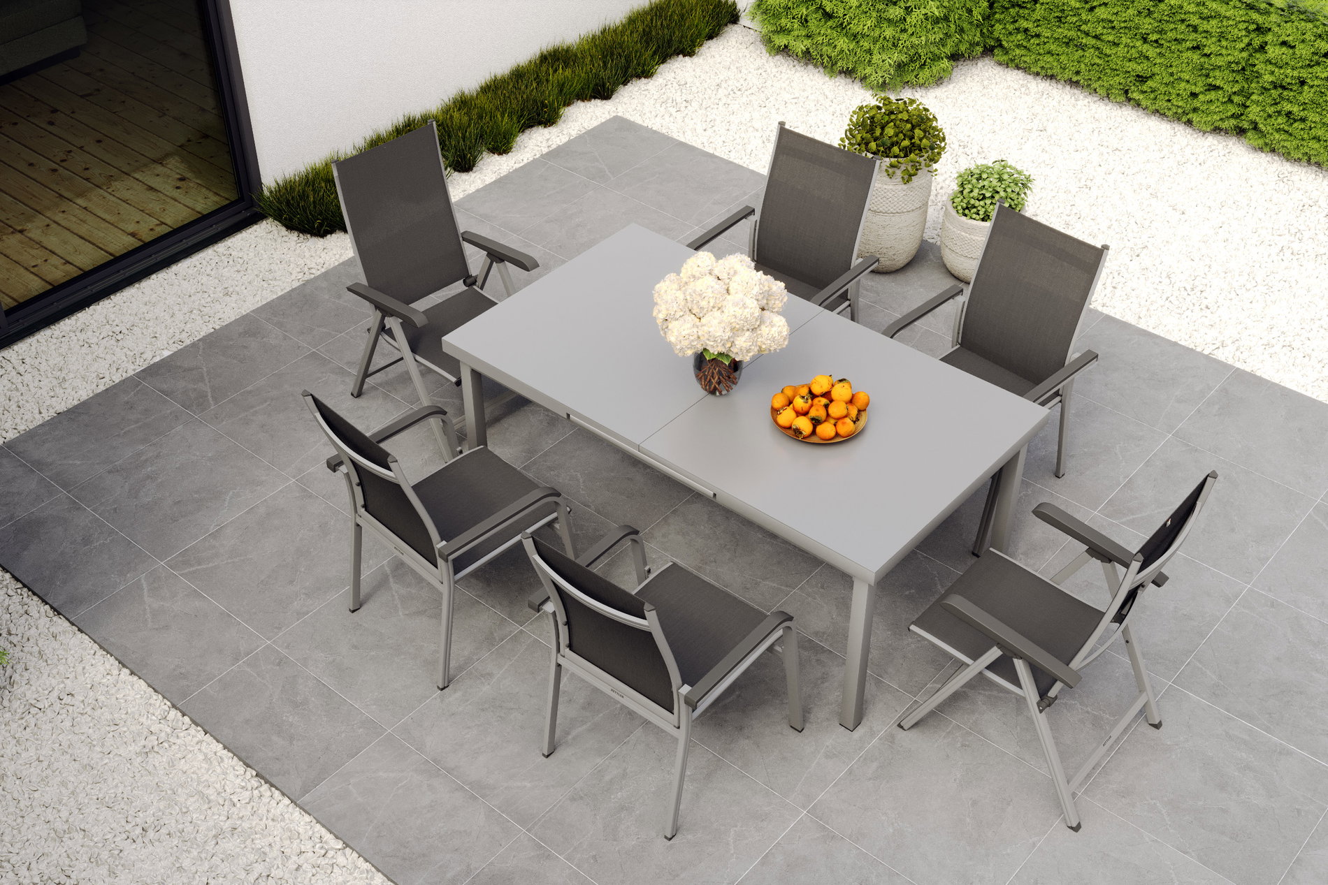 KETTLER BasicPlus conjunto de comedor de jardín, plata, Alu/Textilene, mesa 180/240x100cm, 4 sillas apilables, 2 sillas plegables 19311__1