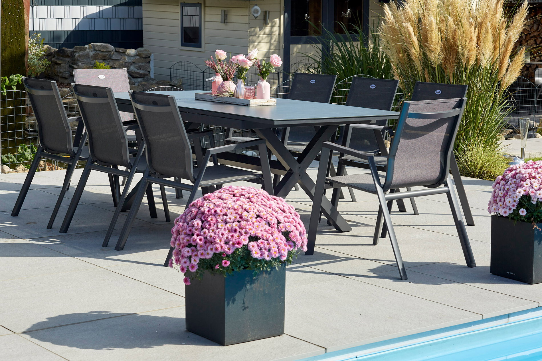 HARTMAN Xanadu / Aruba Conjunto de comedor de jardín, xerix, Alu/Textilene/Vitrocerámica, 8 sillas apilables, 160/220x100cm 23279__1