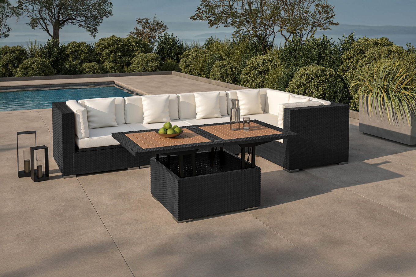 OUTFLEXX salón de jardín Polirratán, crema/blanco, negro, para 5 personas, incl. mesa lounge, arcón para cojines impermeable 1714_BOX_D__1