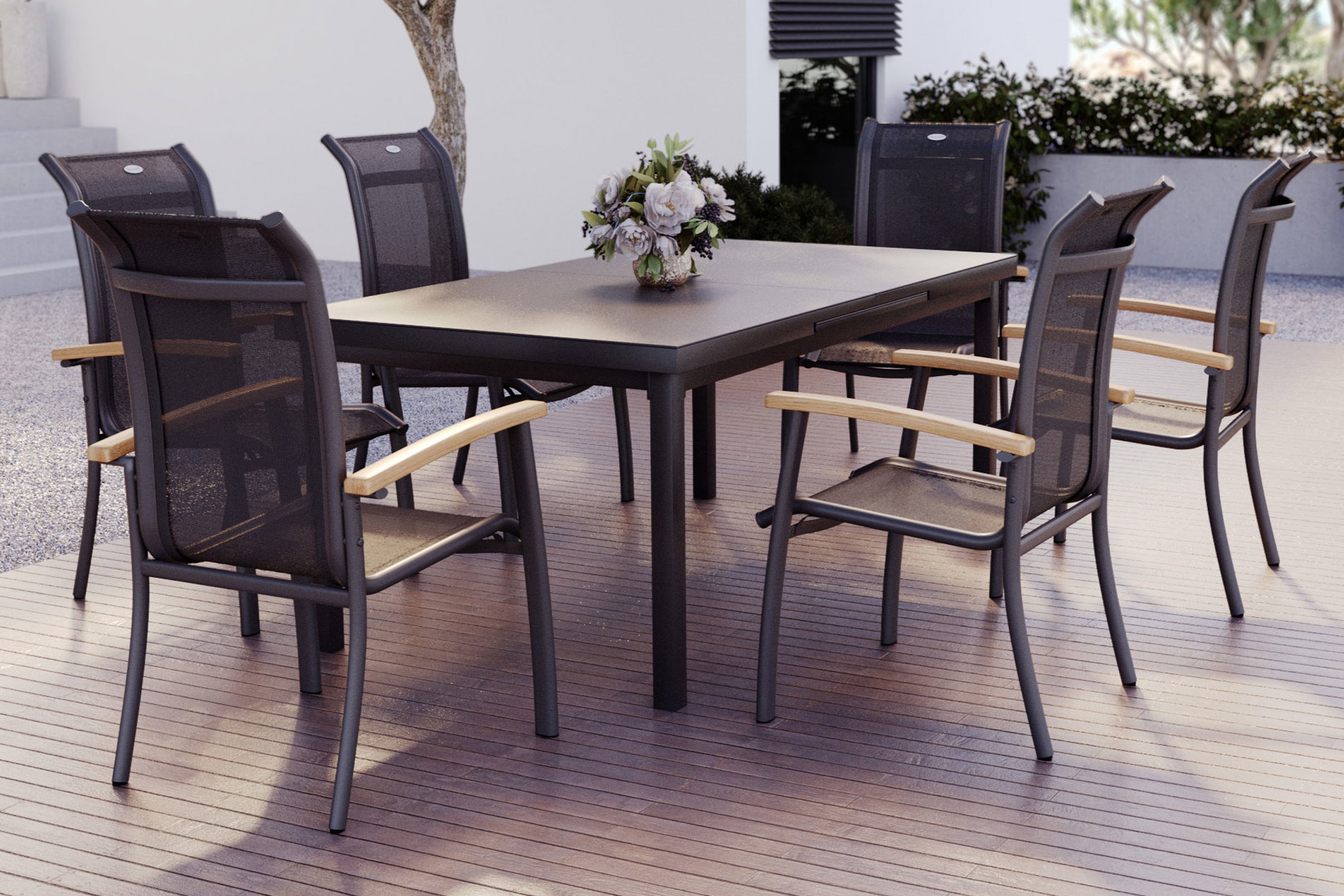 HARTMAN Alice Conjunto de comedor de jardín, xerix, Alu/4x4 Textilen, Mesa 180/240x100cm, 6 Sillas apilables