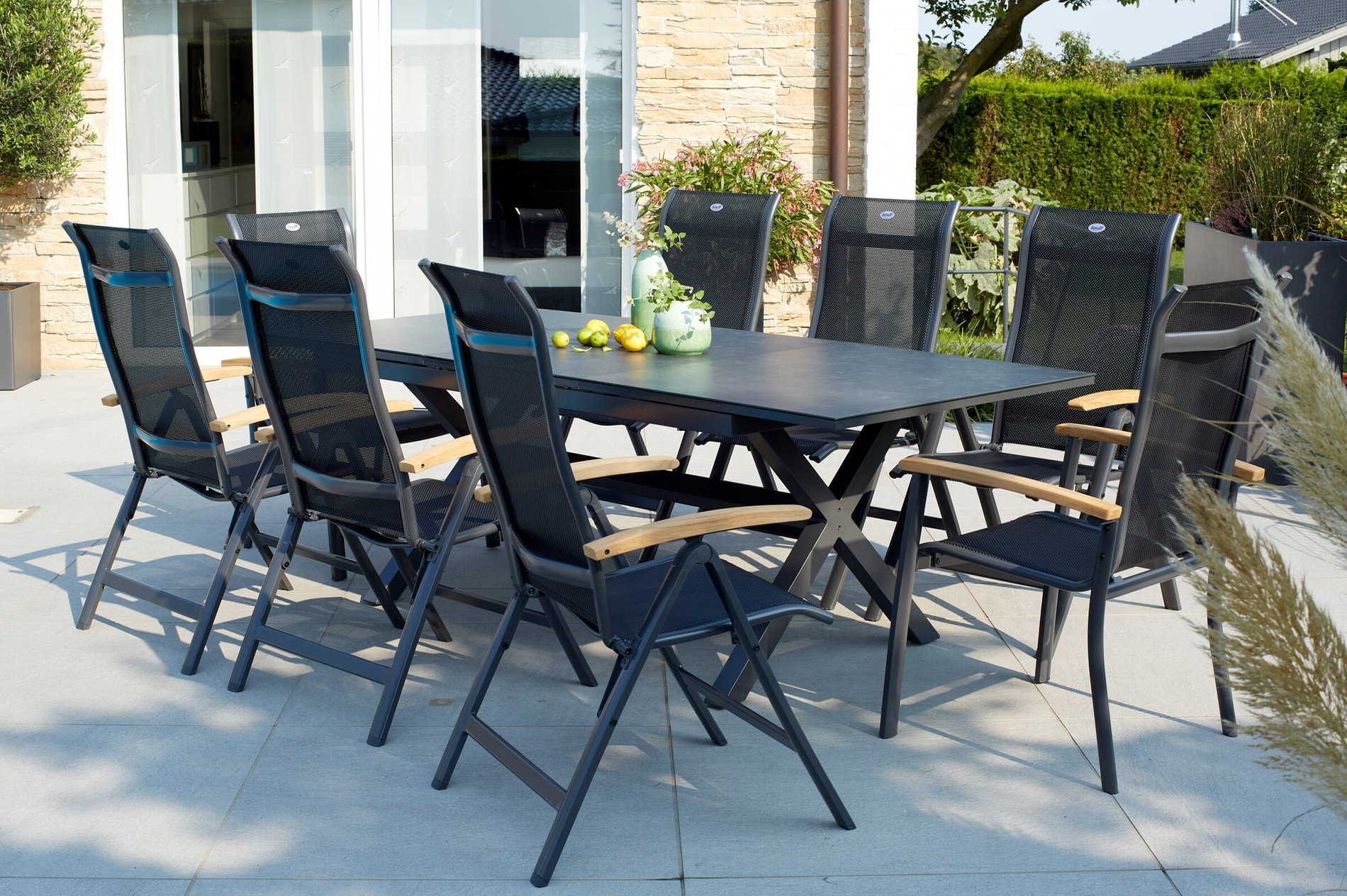 HARTMAN Xanadu/Alice Conjunto de comedor de jardín, xerix/natur, Alu/Vitrocerámica, 4x4 Textil, 2 Sillones Dining, 6 Sillas plegables, 160/220x100cm, Reposabrazos de Teca 23253__1
