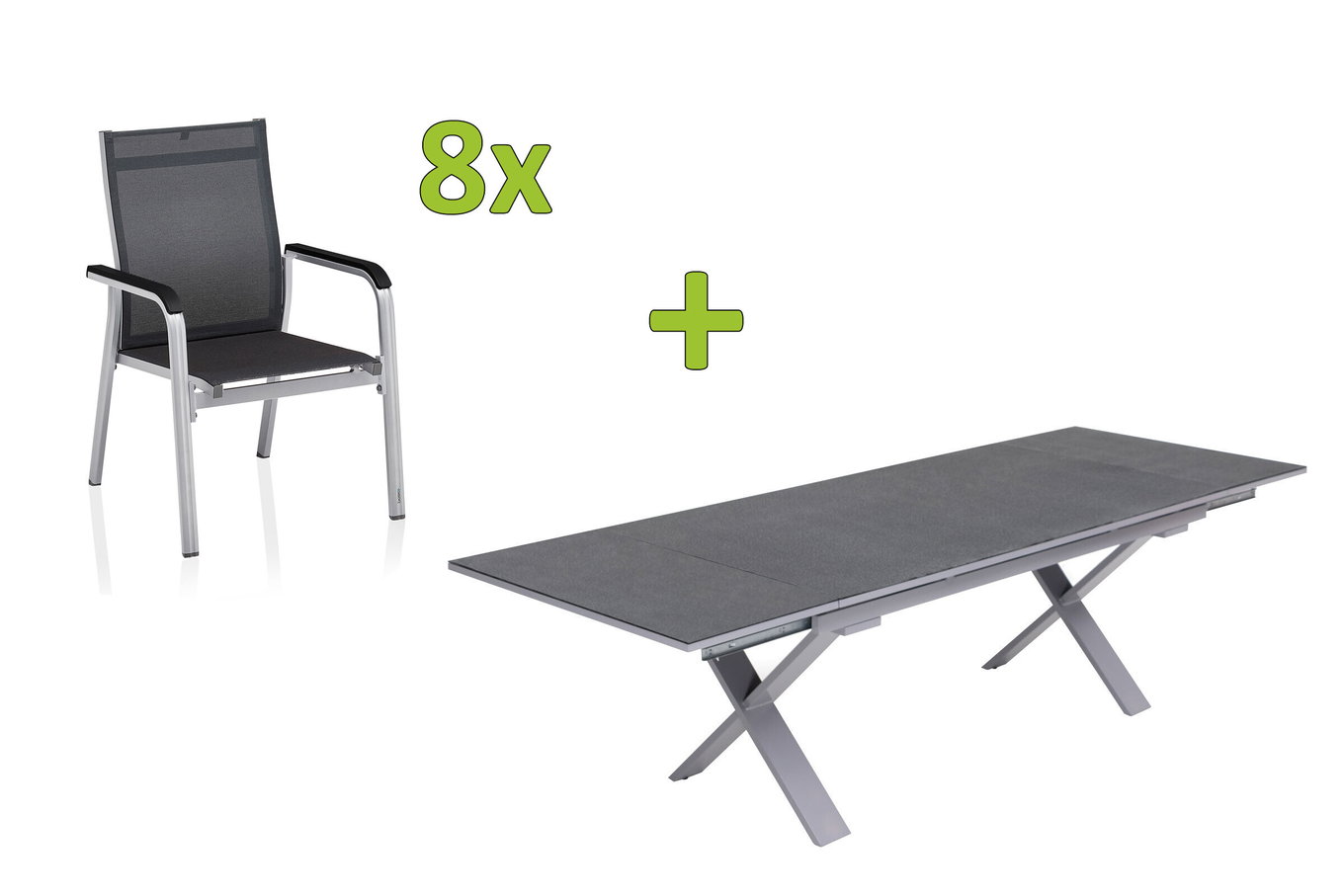 KETTLER BasicPlus Premium Conjunto de comedor para jardín, plata, Alu/Textilene, Mesa 180/280 cm, 8 Sillas apilables 31528__1