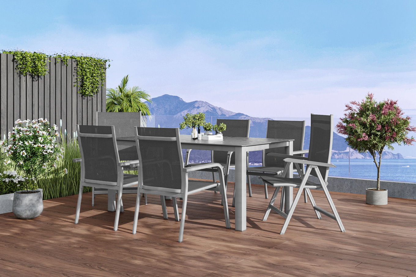 KETTLER Cubic/Basic Plus Conjunto de comedor de jardín, plateado/antracita, Alu/Textilene, mesa 160 x 90 cm, 4 sillones apilables, 2 sillas plegables 28698__1