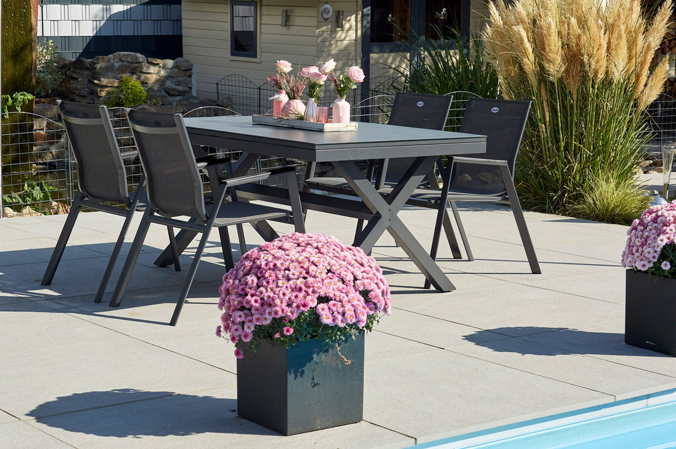 HARTMAN Xanadu / Aruba Conjunto de comedor de jardín, xerix, Alu/Textilene/Vitrocerámica, 4 sillas apilables, 160/220x100cm 23277__1