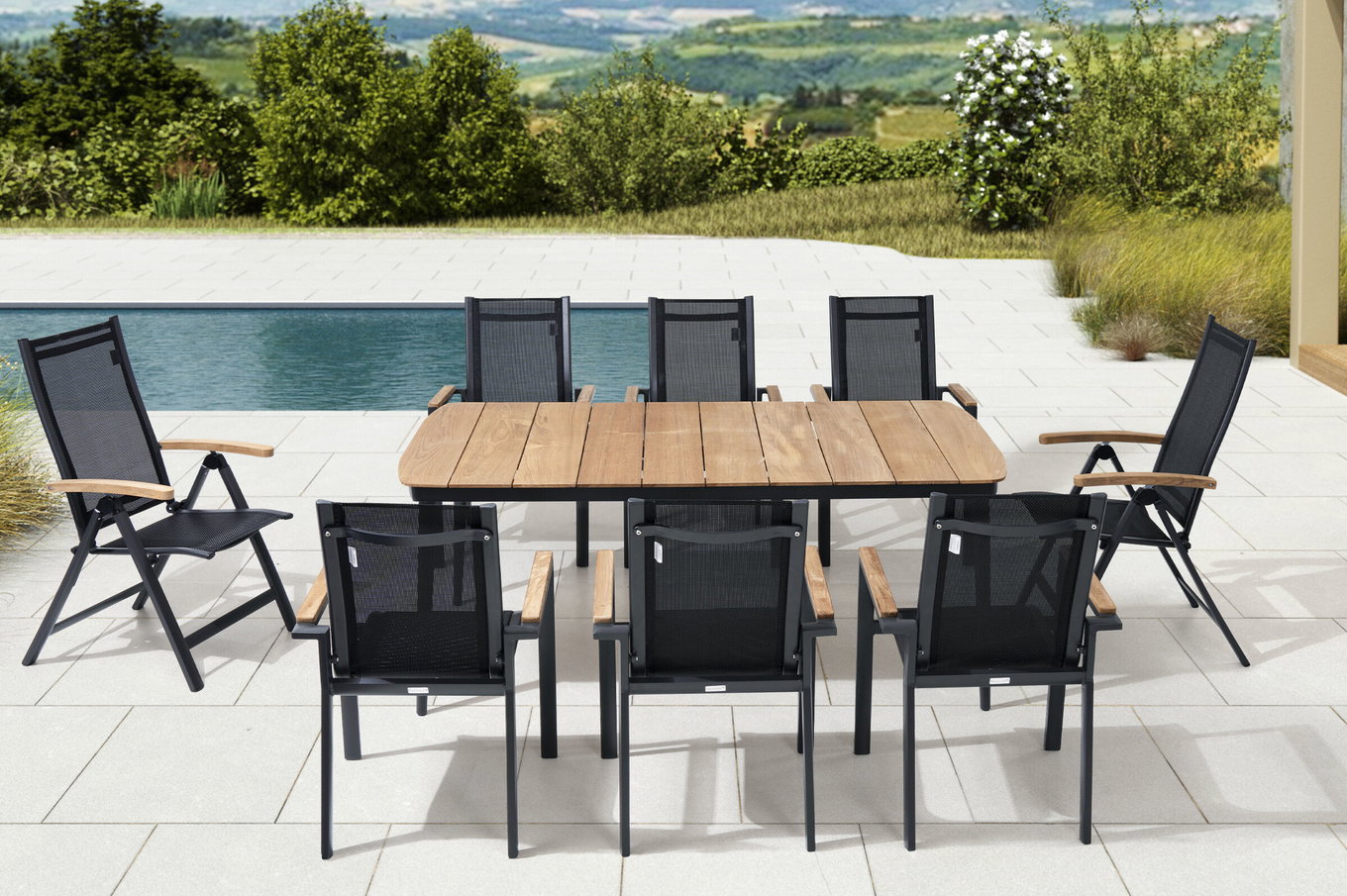 OUTFLEXX Conjunto de comedor de jardín, antracita mate, Alu/Teca/Textil, 184x100 cm, 6 sillones, 2 sillas plegables, reposabrazos de teca 28206__1