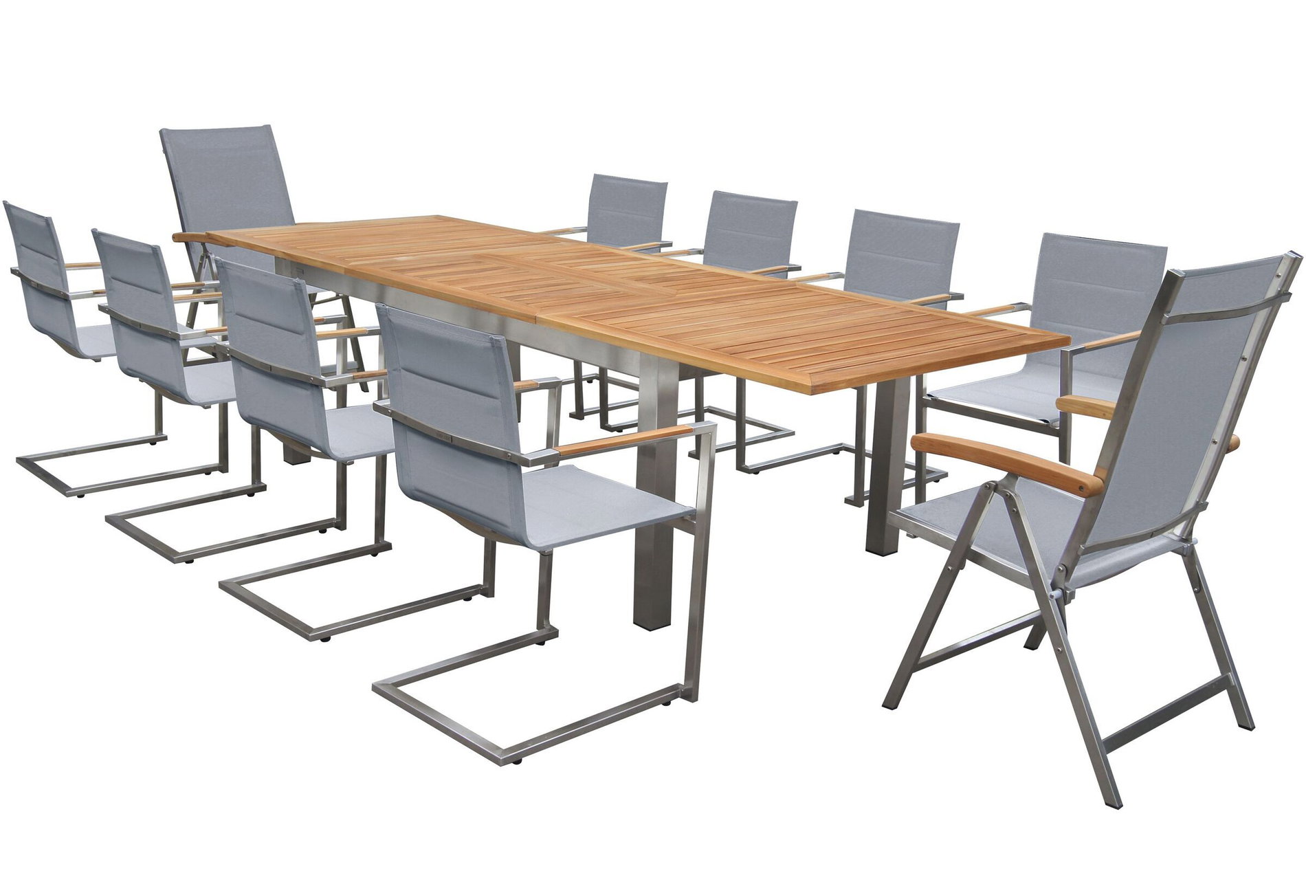 OUTFLEXX Conjunto de comedor de jardín, plata, 200/300 x 100 cm, acero inoxidable/teca, mesa extensible, 8 sillas acolchadas, 2 sillas plegables, producto certificado FSC® 14162__1