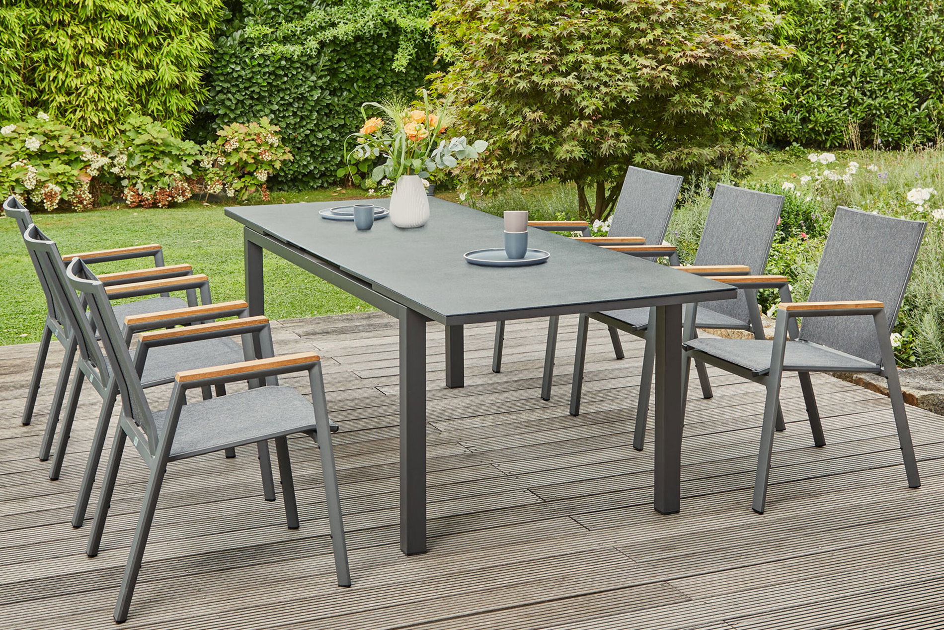 SIENA GARDEN Gomera II/Miros Garten-Essgruppe, matt graphit/grau, Alu/Teak/Spraystone/Texfabric, Tisch 180/240x90 cm, 6 Stapelsessel 22068__1