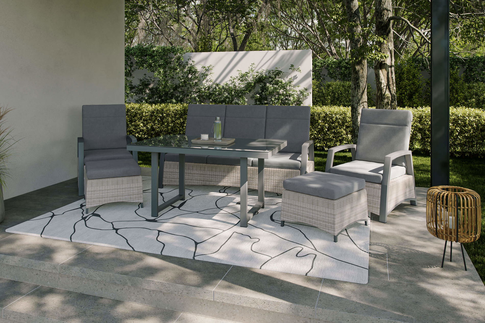 OUTFLEXX Marbella salón de jardín, antracita mate/gris claro, Alu/polirratán, mesa 140 x 80 cm, incl. cojines