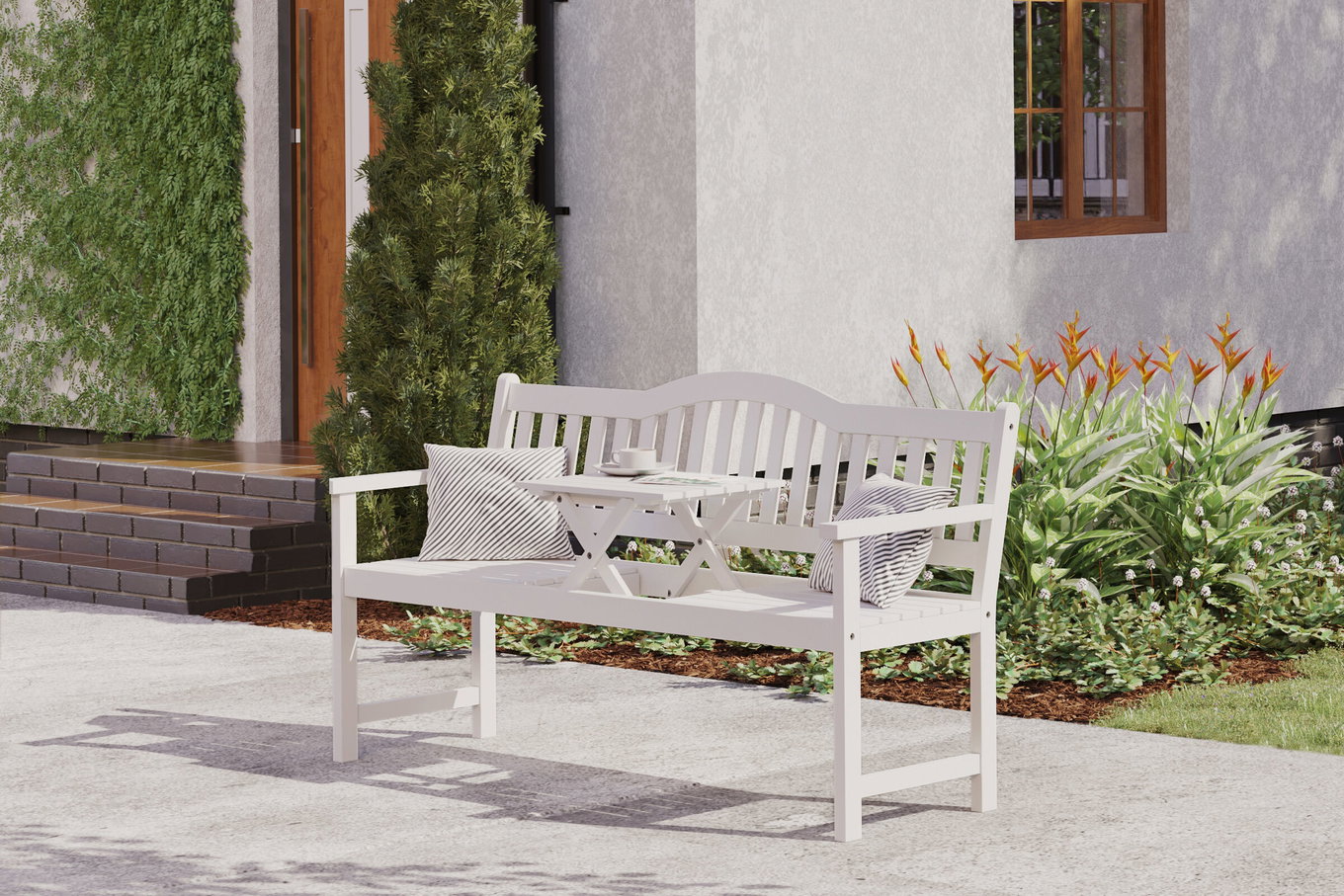 VILLANA Banco de jardín, blanco, acacia, 152 x 59 x 86 cm, 2-3 personas, función de mesa plegable, producto certificado FSC® 13851__1