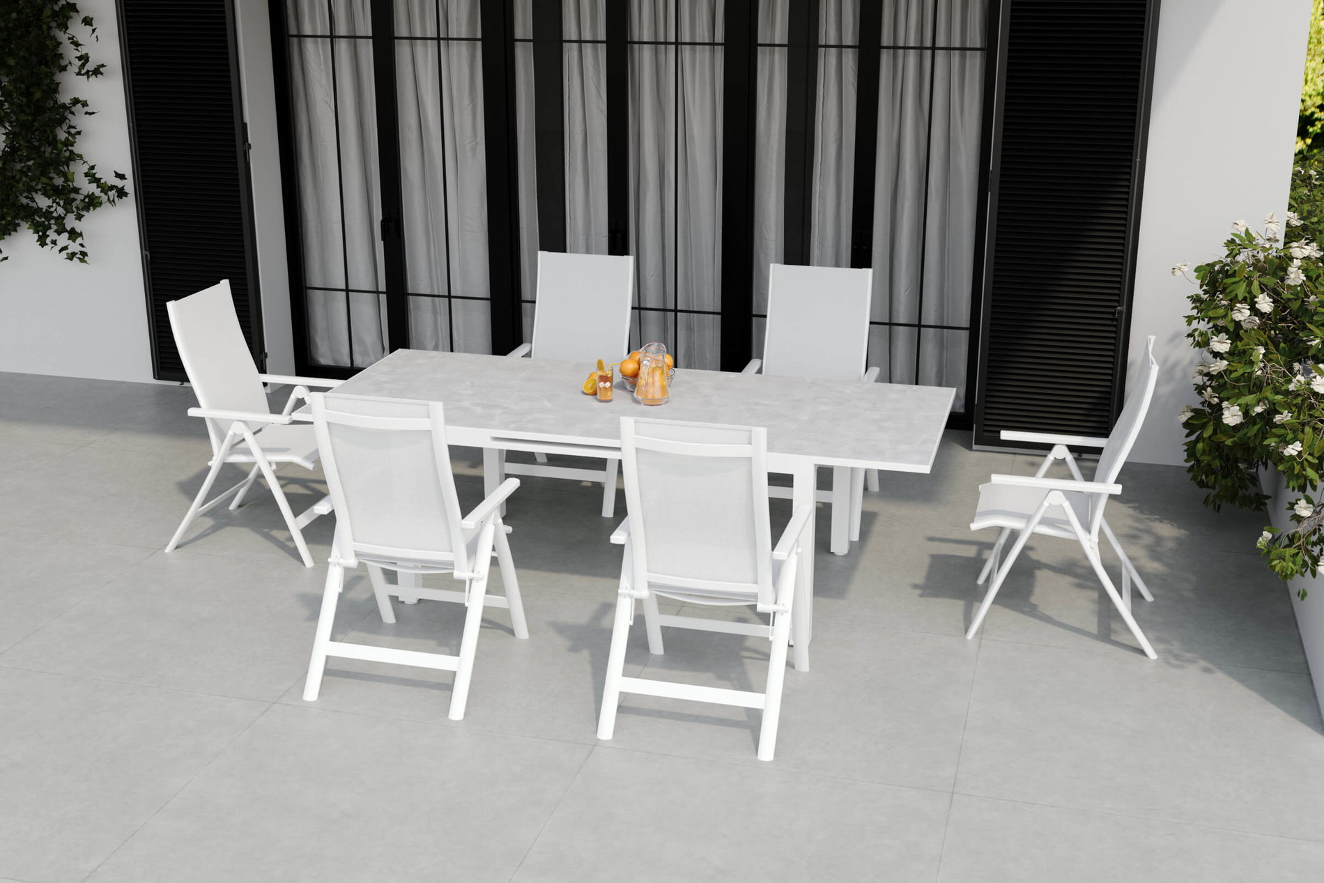 OUTFLEXX Conjunto de comedor de jardín para 6 personas, crema/blanco, aluminio/vidrio de seguridad, mesa extensible 180/240 x 100 cm, sillas plegables