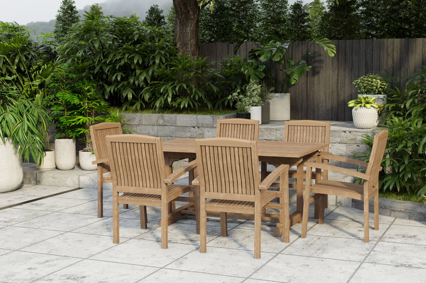 Conjunto de comedor para jardín OUTFLEXX Ontario/Washington, natural, Teca, 160/210x90cm, 6x Silla apilable 24364__1