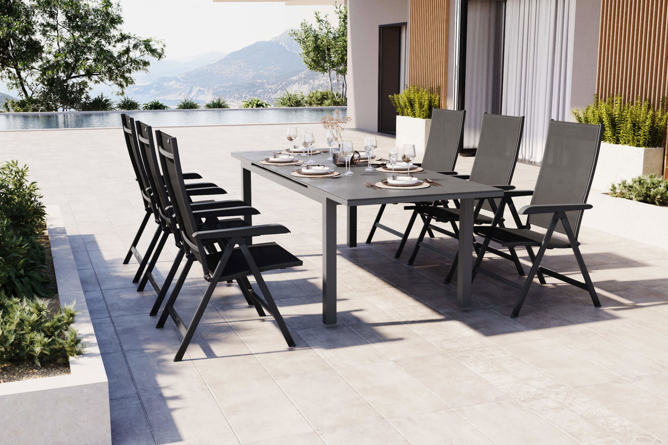 KETTLER BasicPlus Conjunto de comedor de jardín, antracita/antracita, Alu/Textilene, 180/240x90cm, 6 sillas plegables 17229__1