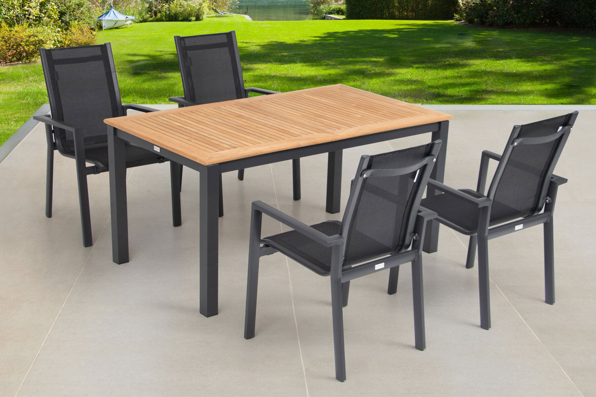 OUTFLEXX Conjunto de comedor para jardín, antracita mate OUTFLEXX®, aluminio / teca / textil, mesa extensible 150/210x90cm, 4 sillas apilables 22176__1