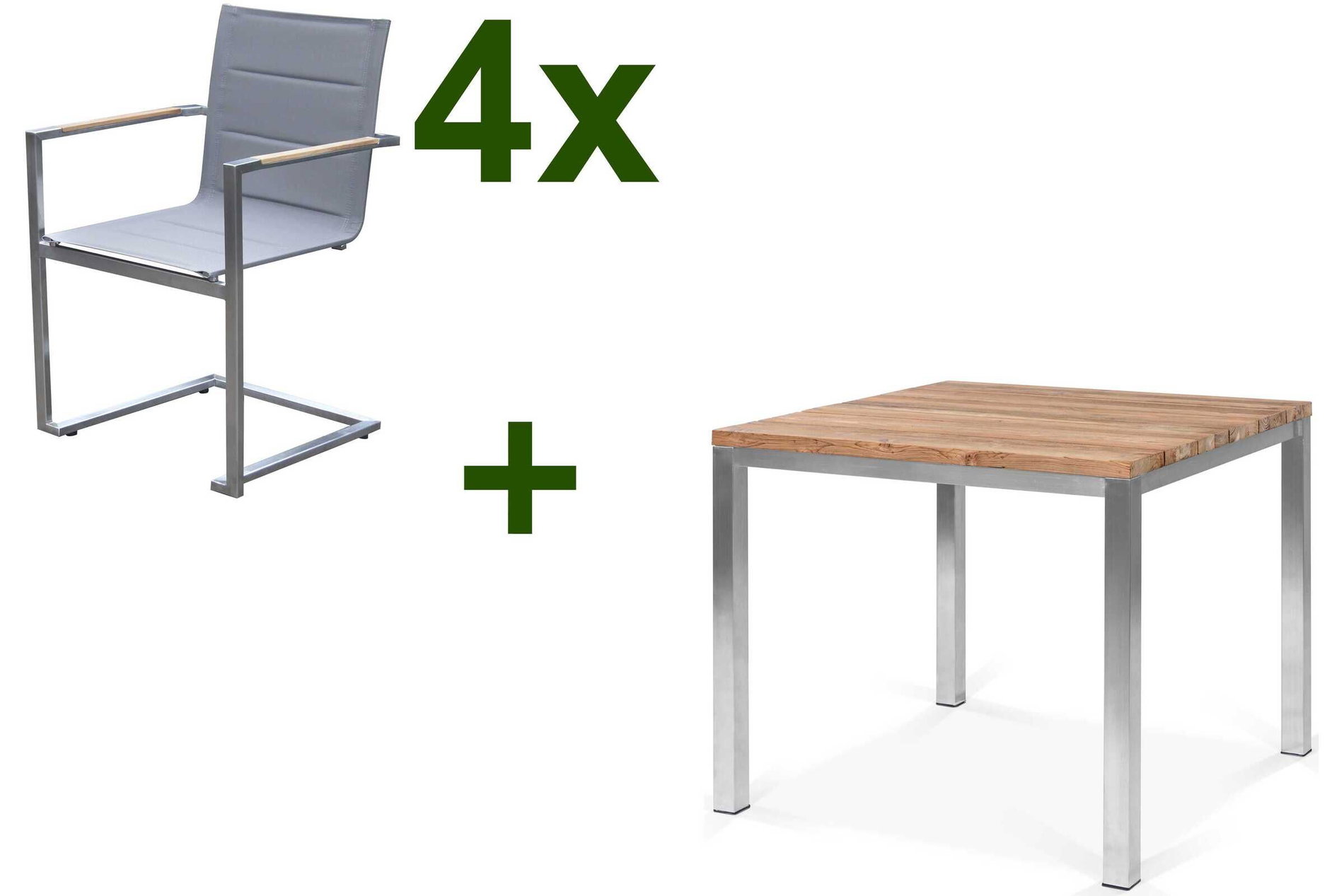 OUTFLEXX Conjunto de comedor de jardín, acero inoxidable/teca reciclada, mesa 90 x 90 cm, 4 sillas voladizas acolchadas, plata, producto certificado FSC® 17259__1