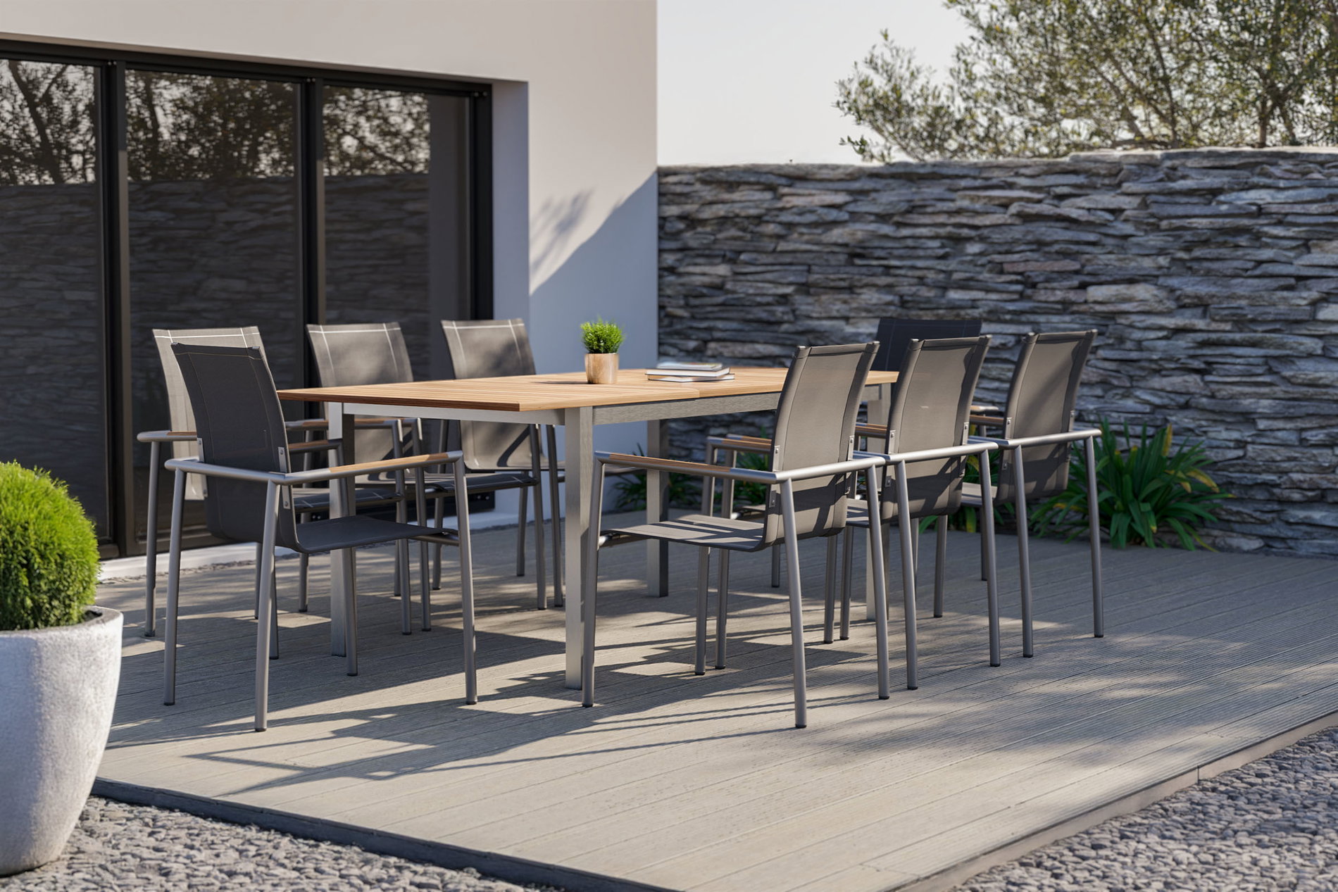 OUTFLEXX Conjunto de comedor de jardín, natural/antracita, acero inoxidable/Textilene/Teca, mesa extensible 150/200x90cm, 8 sillas de comedor 24084__1