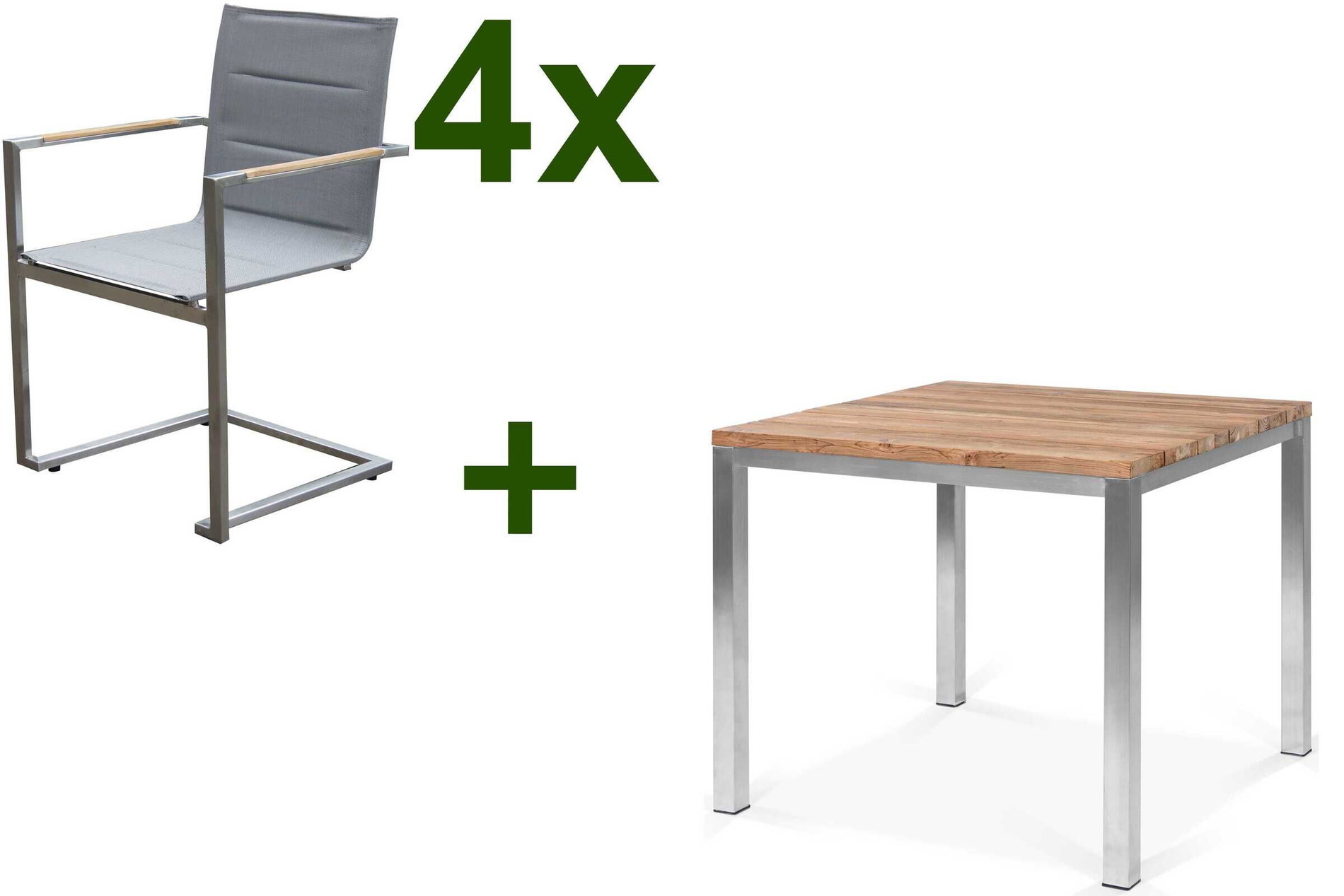OUTFLEXX Garten-Essgruppe, Edelstahl/recyceltes Teak, Tisch 90 x 90 cm, 4 Freischwinger padded, taupe, FSC®-zertifiziertes Produkt