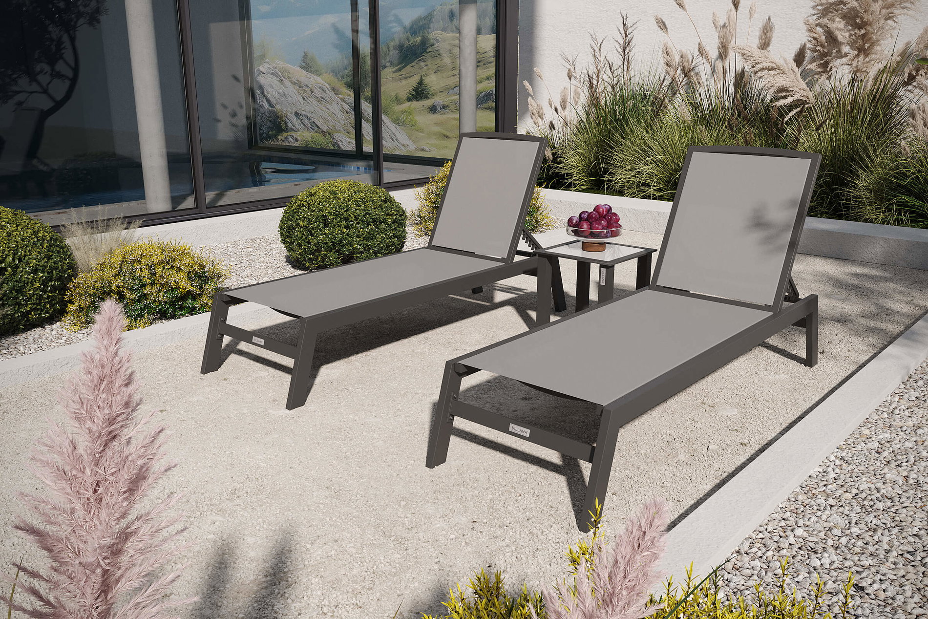 VILLANA Set de 2 tumbonas, antracita/gris, Alu/Textil, 198x66x32cm, con mesa auxiliar 45x45cm