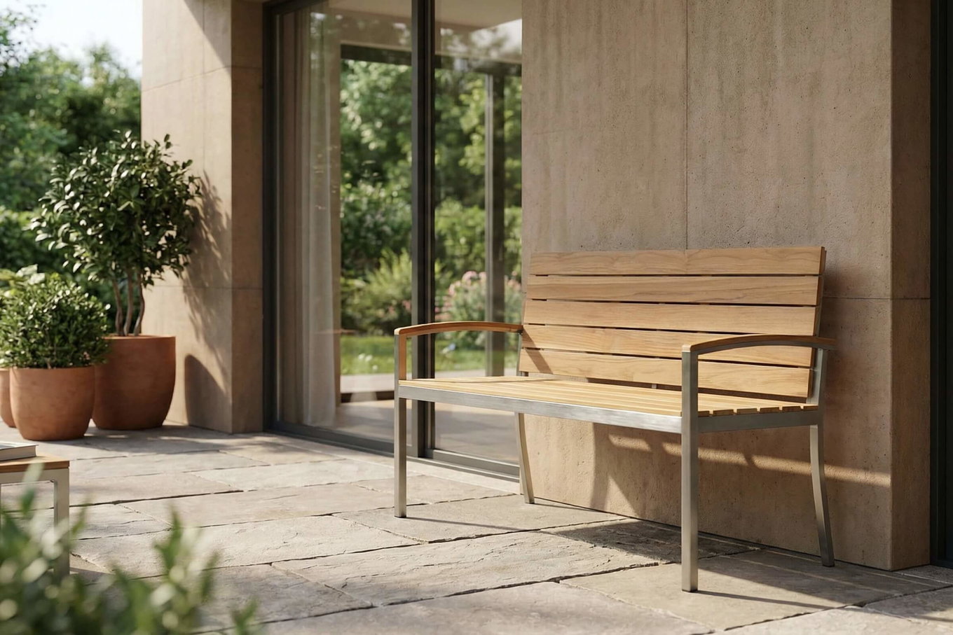 Banco de jardín OUTFLEXX, madera de teca/acero inoxidable, 2 plazas, 130x55x80cm, producto certificado FSC®