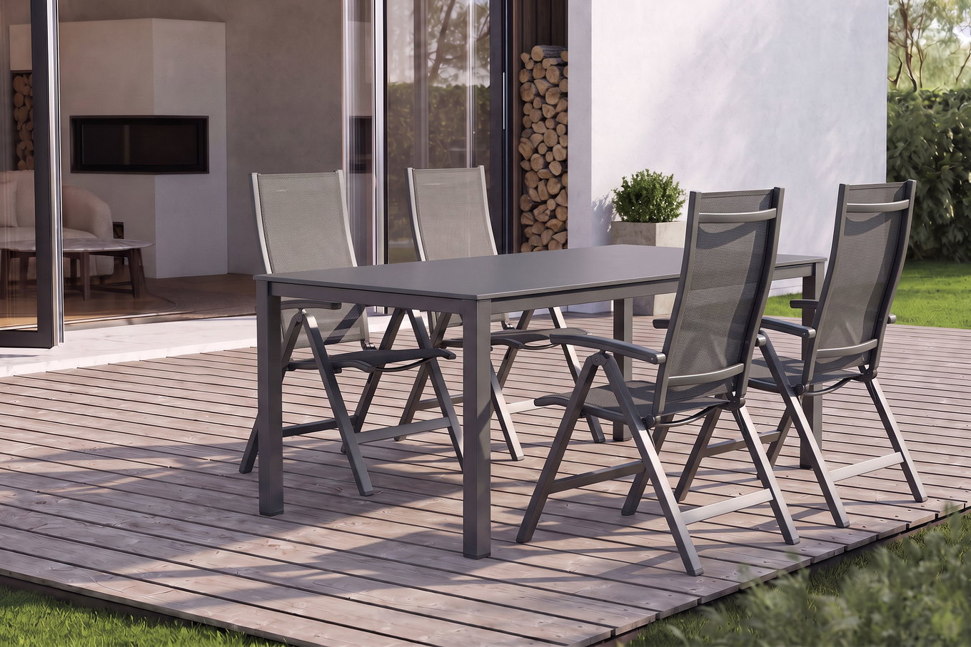 Kettler Conjunto de comedor de jardín, antracita/antracita, Mesa de comedor Kettalux-Plus 160x95cm, 4 sillas plegables Altura