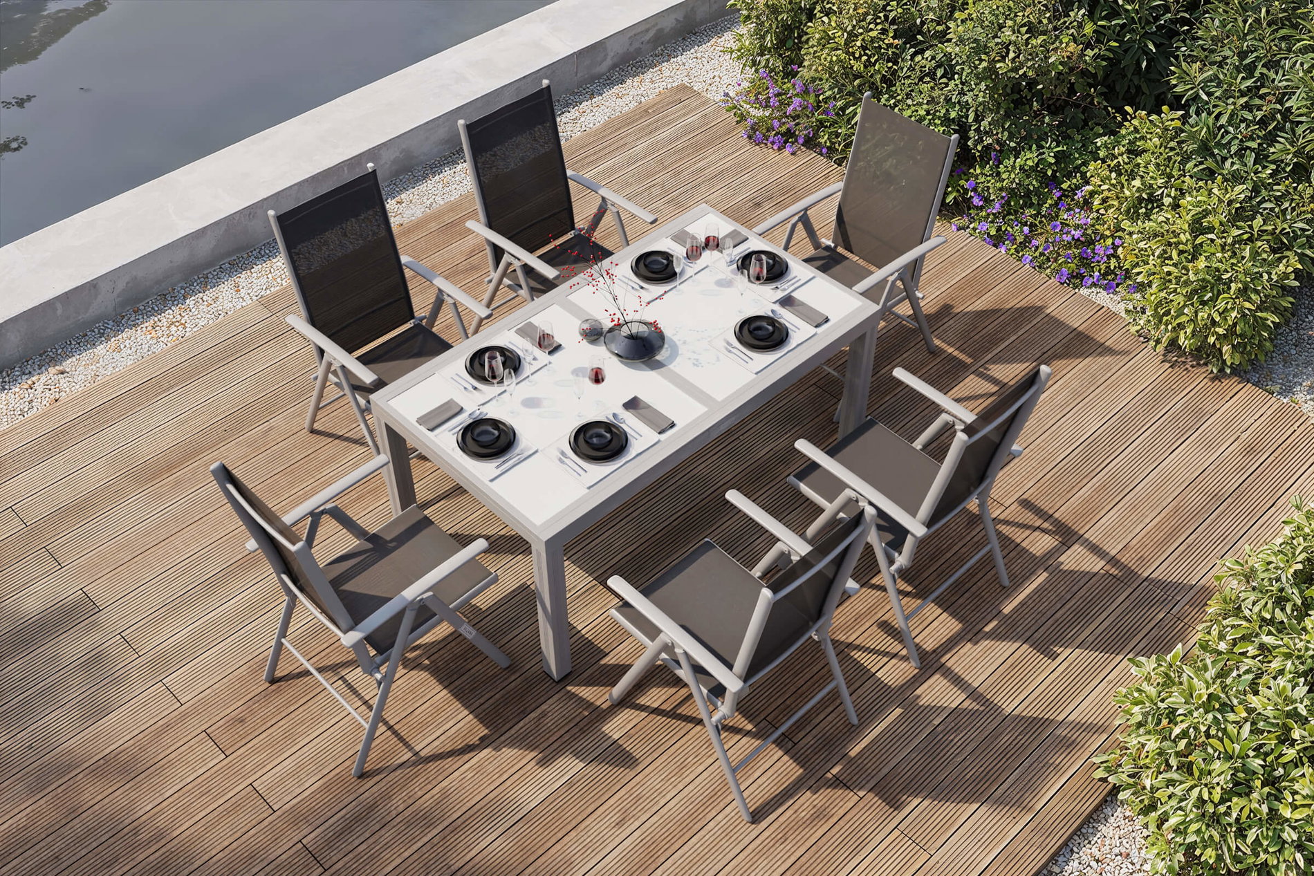 VILLANA Conjunto de comedor de jardín, plata/negro, Alu/Textil, Mesa 160/220 cm, 6 Sillas plegables