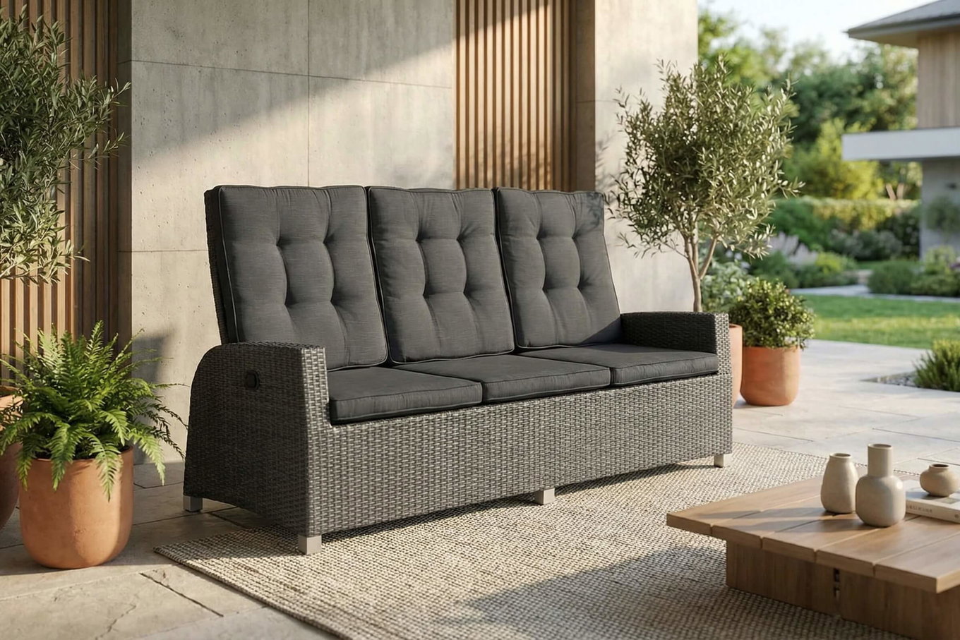 OUTFLEXX Rocking Comfort Dining / salón Sofá de 3 plazas, gris/marrón jaspeado, polirratán, 210x85x112 cm, ajustable