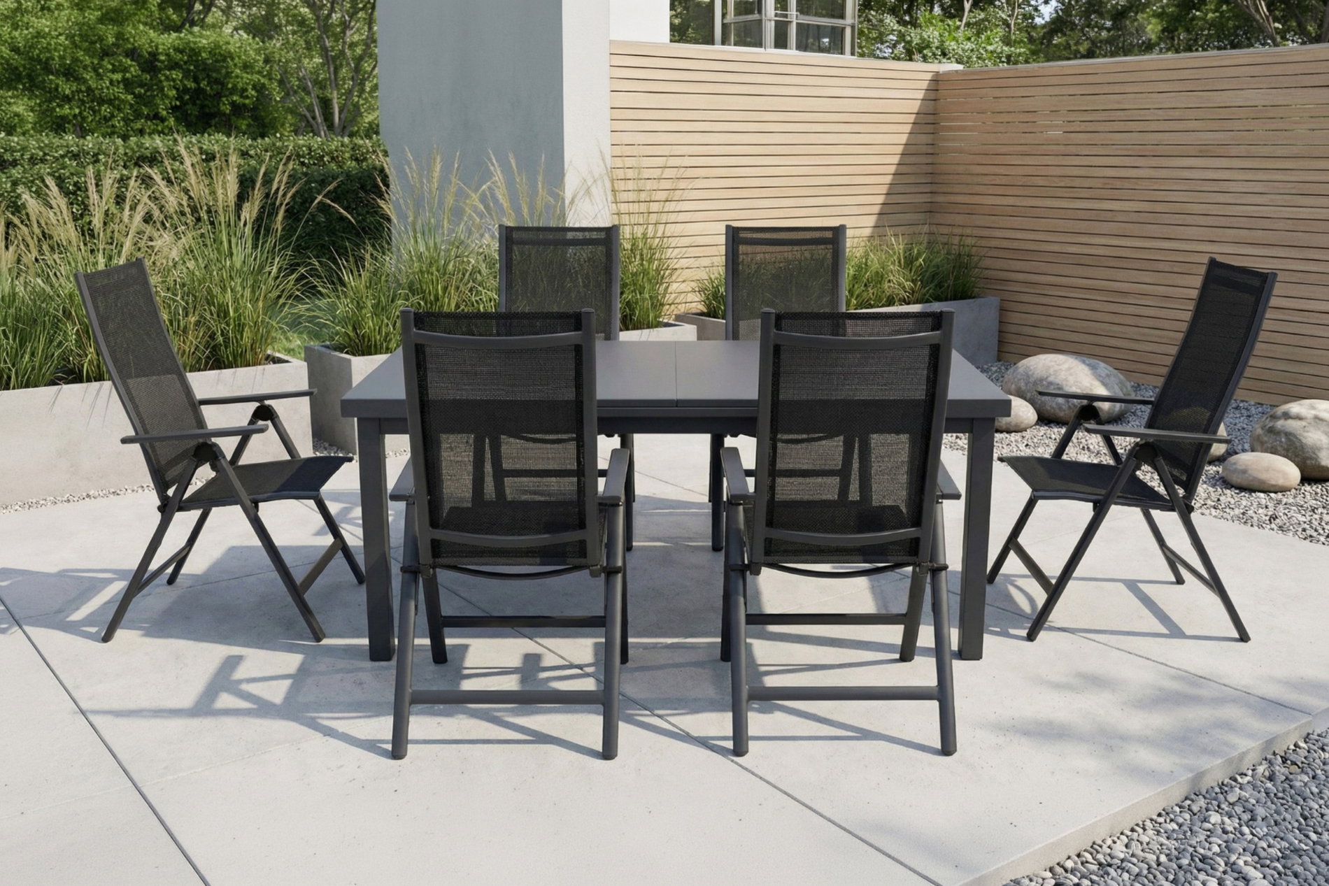 OUTFLEXX Conjunto Premium de comedor para jardín, antracita mate, Alu/Textilene, Mesa 180/240x100cm, 6 Sillas plegables