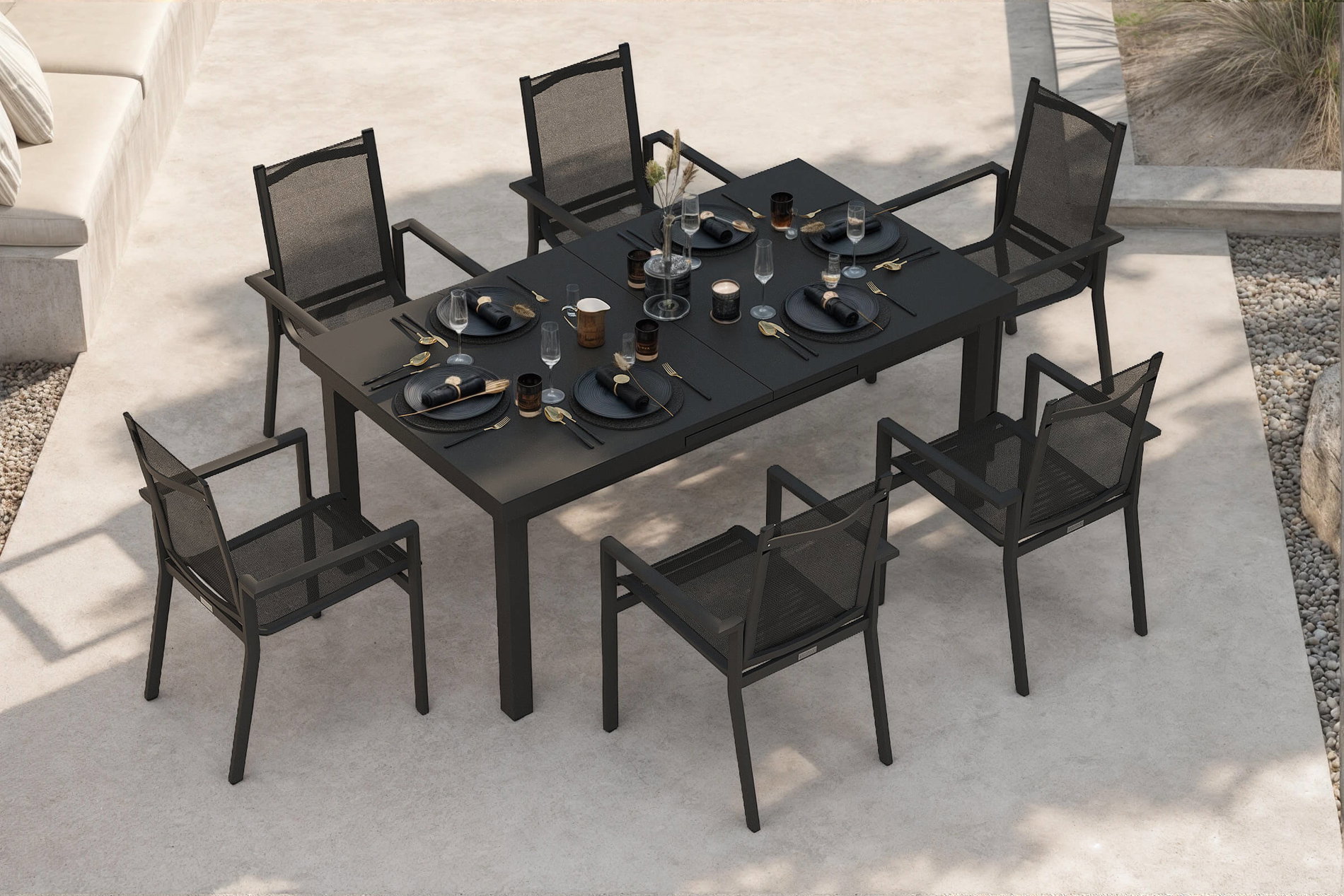 OUTFLEXX Conjunto de comedor de jardín Premium, OUTFLEXX® antracita mate, Aluminio/Textilene, Mesa 180/240x100cm, 6 Sillas apilables