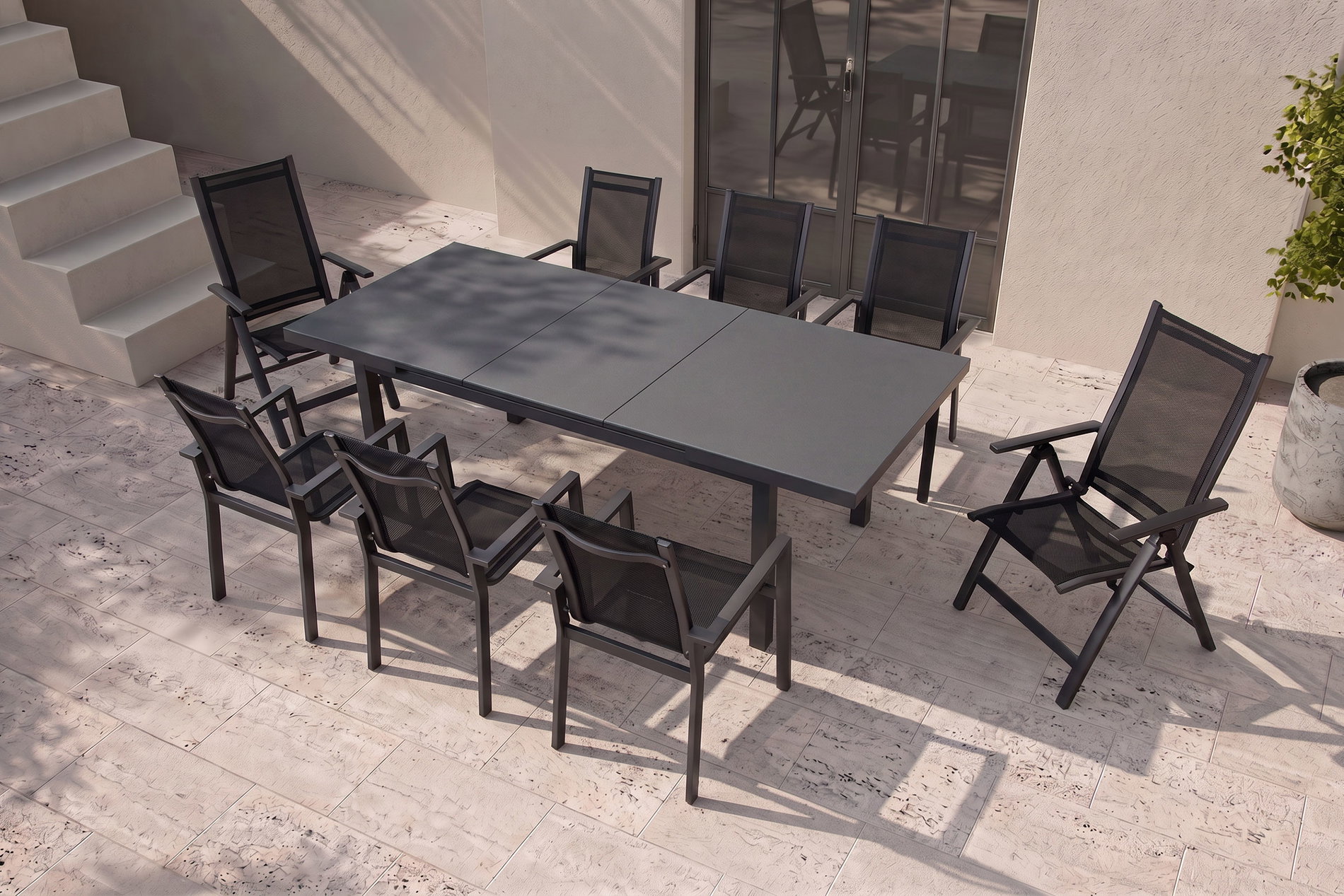 OUTFLEXX Premium Conjunto Comedor de Jardín, 8 Personas, Mesa Extensible 180–240 cm, Alu/Textilene, 6 Sillas Apilables y 2 Plegables
