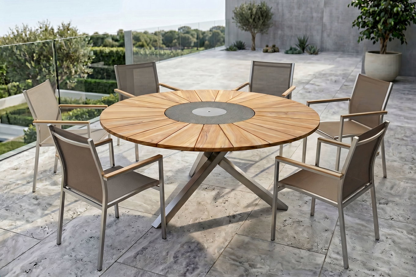 Conjunto de comedor de jardín STERN Cardiff, plata/taupe, Acero inoxidable/Teca, Mesa Ø 170 cm, 6 sillas apilables, Producto con certificación FSC®