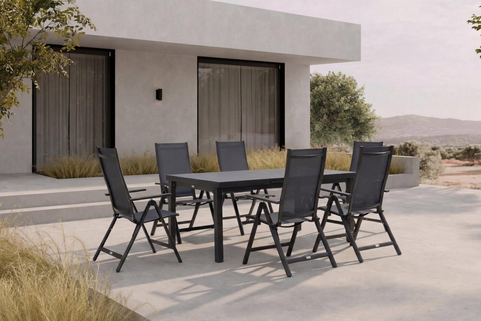 Conjunto de comedor Premium OUTFLEXX para jardín, antracita/gris, Alu/Textilene, mesa extensible 180/240x100cm, 6 sillas plegables Conjunto de comedor Premium OUTFLEXX para jardín, antracita/gris, Alu/Textilene, mesa extensible 180/240x100cm, 6 sillas plegables